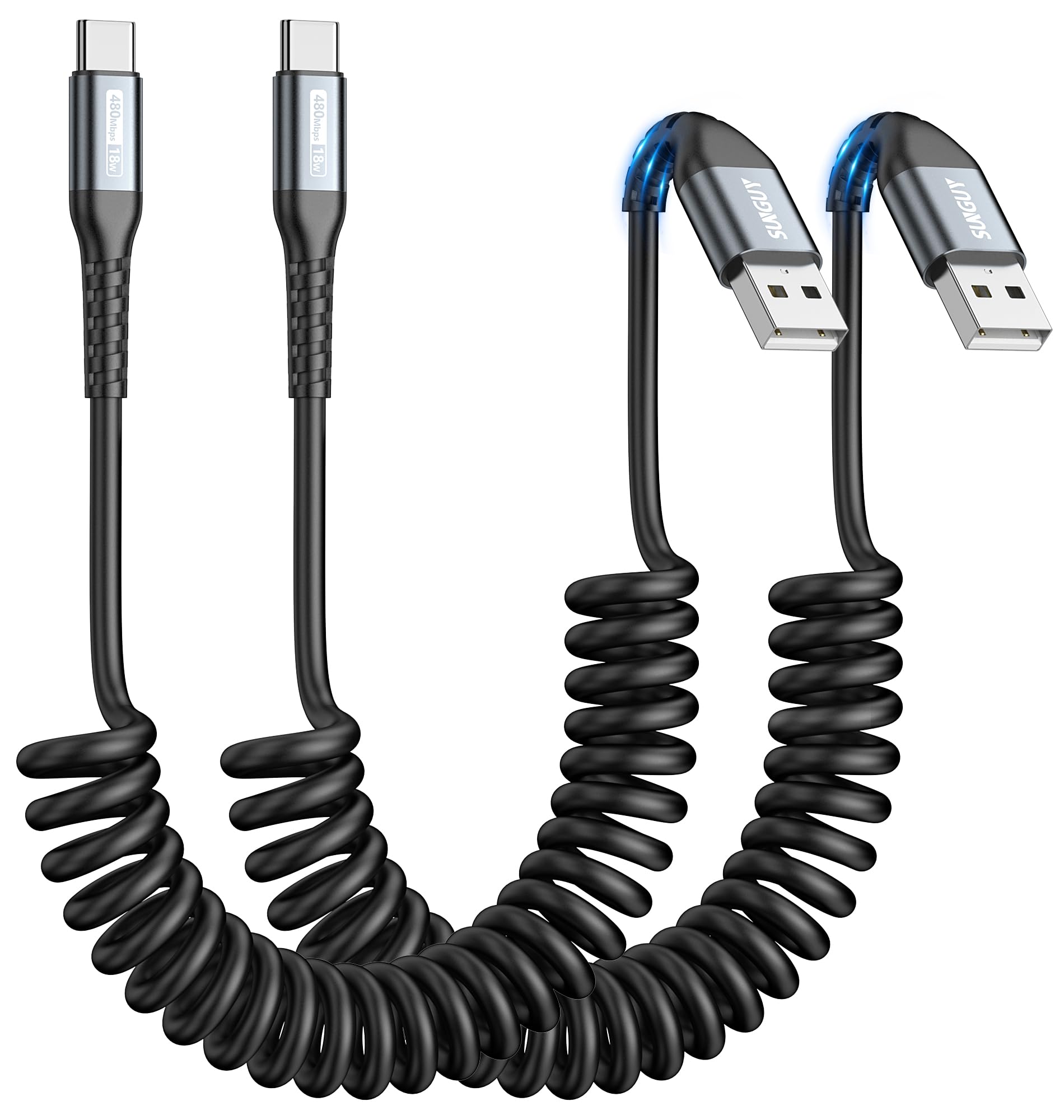 SUNGUY Cavo a Spirale USB C, 2Pezzi 2M [Lunghezza comoda: 0.6-1.5M] USB a USB-C e Cavo Dati per Android Auto, CarPlay, iPhone Serie 17/16/15, Galaxy S24 Ultra S23 FE, Google Pixel, Xiaomi - Grigio