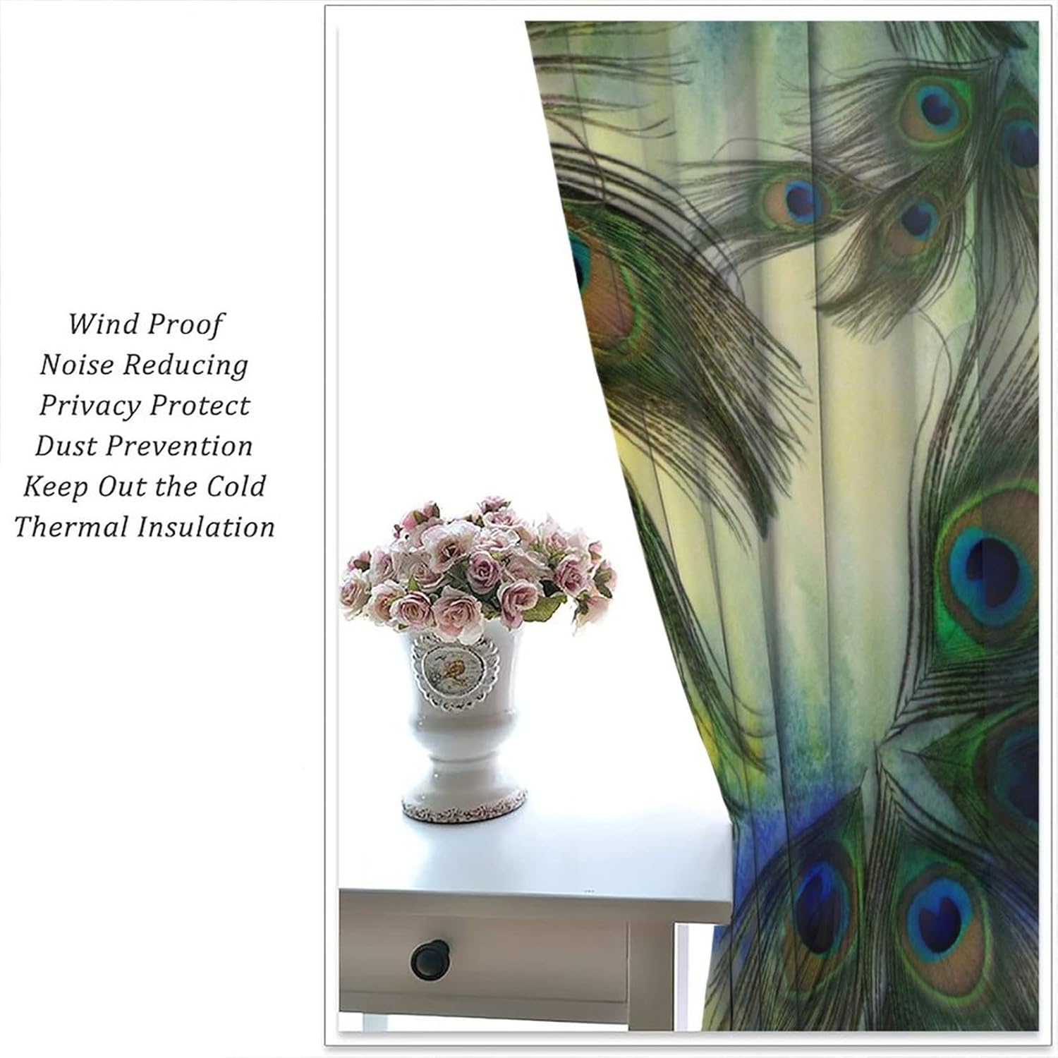 Watercolor Peacock Feather Blackout Curtains for Bedroom, Birds Animals Skin Blue Green Colorful Feather Rod Pocket Thermal Insulated Room Darkening Curtains Bedroom Curtains 63x72in