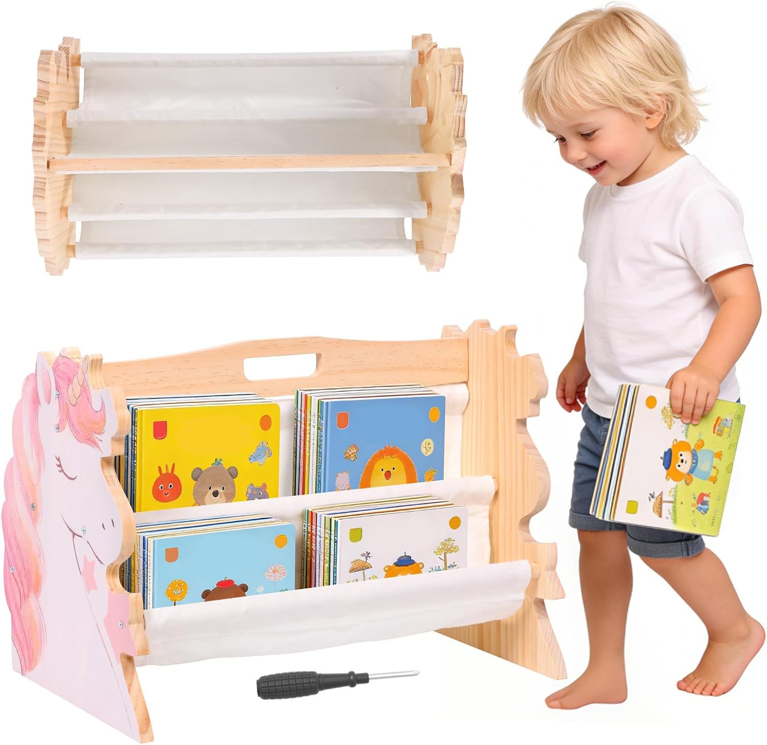 Kids Bookshelf Wooden Double Sided children’s bookcase with 4 Tiers Deep Sleeves Toddler Book Shelf for kids Nursery Room Playroom Classroom Montessori Style Children’s Book Organiser