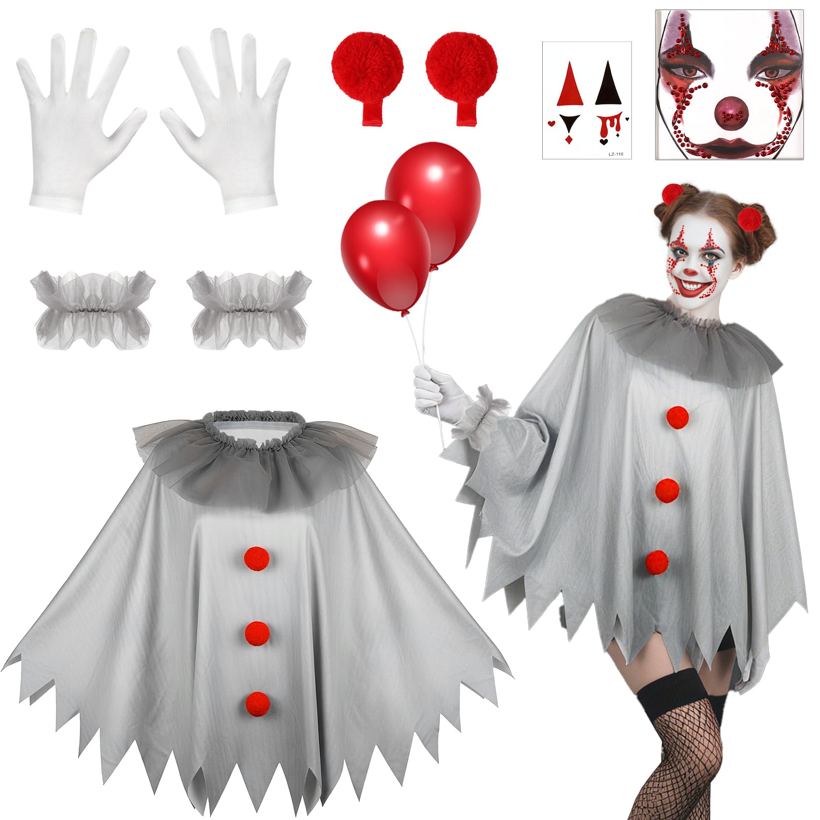 Beipegin Scary Clown Costume for Kids Adults,Clown Poncho Face Gems Gloves Hairclip Joker Costume Terrifier Dress Up Carnival Halloween