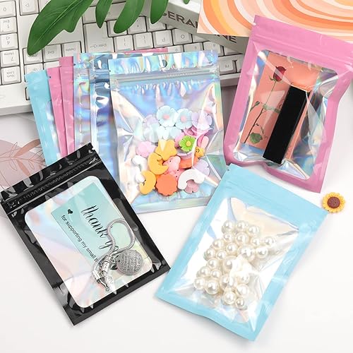 Miniatura 4 de 120 bolsas de Mylar resellables, a prueba de olores, para almacenamiento de alimentos, bolsas de embalaje holográficas con ventana frontal para