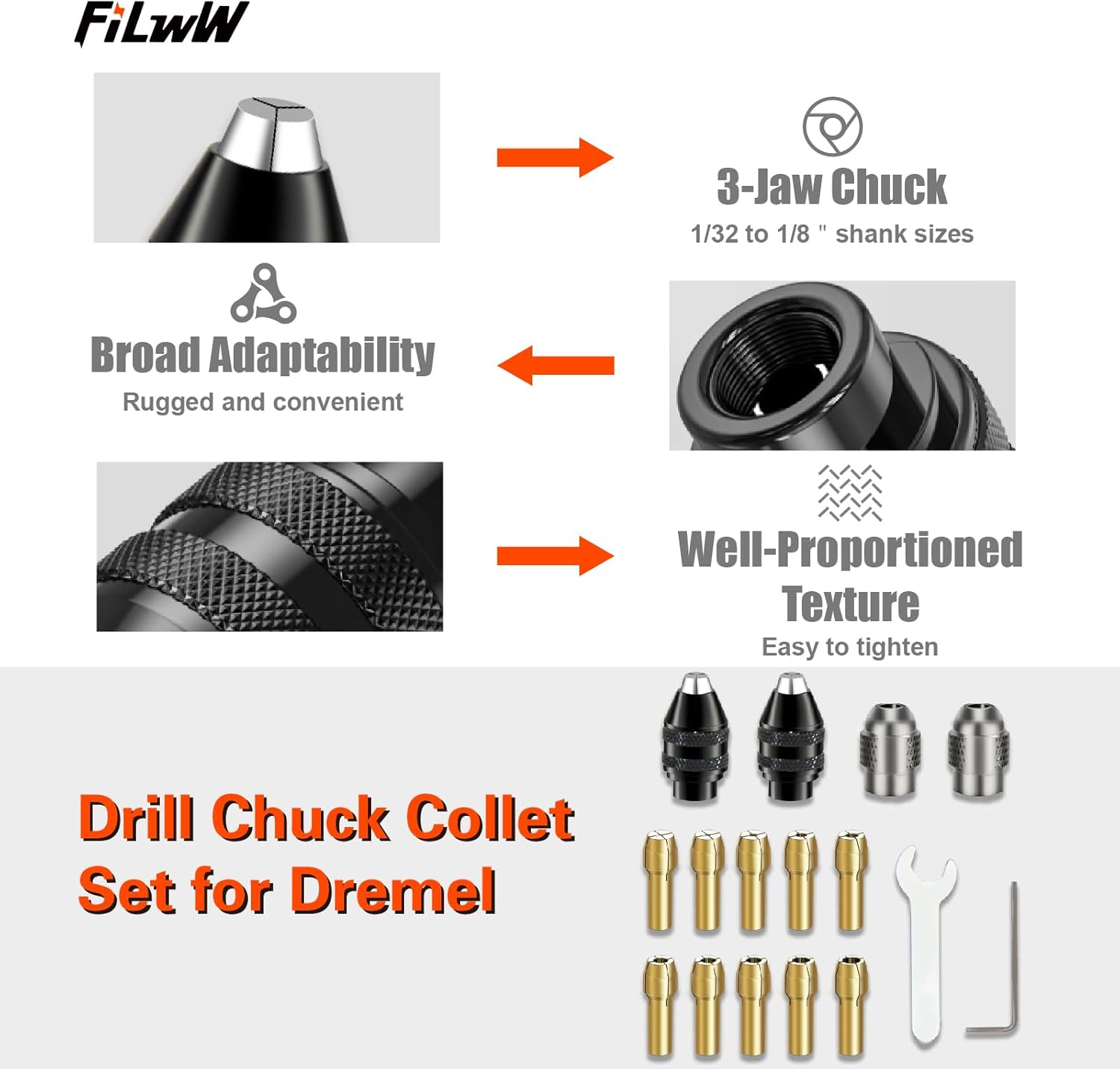 Drill Chuck Collet Set for Dremel, 16PCS 0.8-3.2mm Replacement 4486 Drill Keyless Bit Chuck Shank Rotary Tool Quick Change Adapter