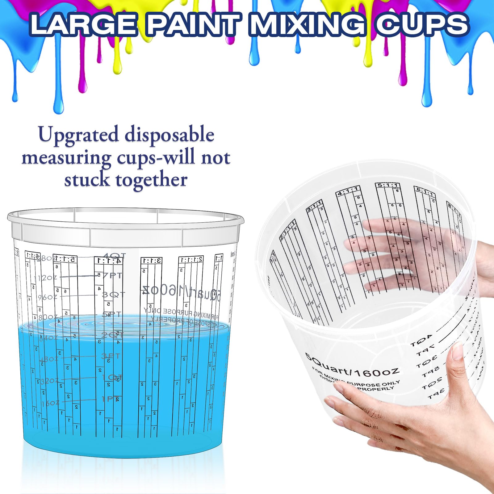 Mifoci 30 tazas graduadas de mezcla de pintura graduada de 167 onzas con tapas, cubo de mezcla de pintura transparente desechable de 5 cuartos de galón, tazas medidoras de plástico epoxi con