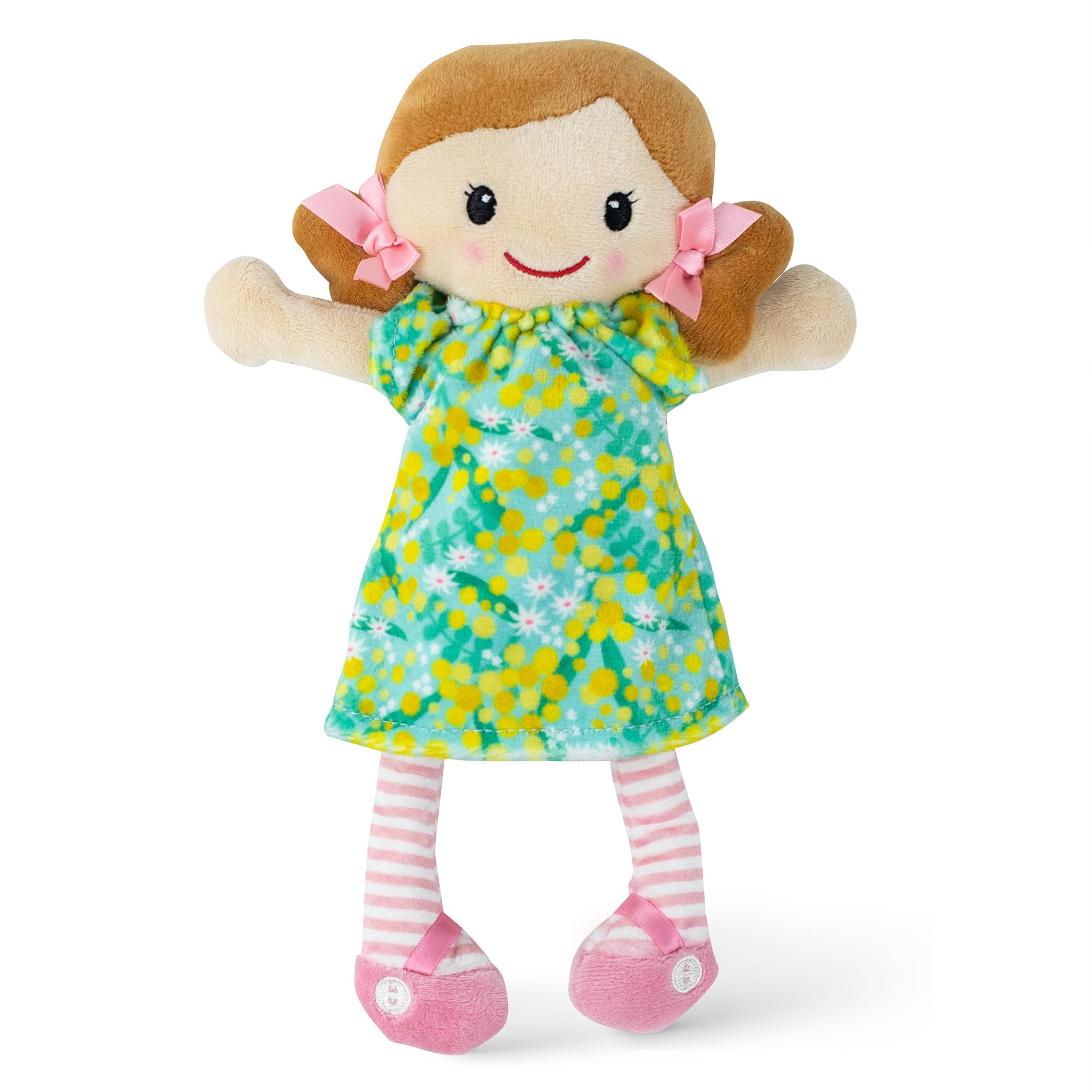 Tiger Tribe: Nellie Rag Doll - 10"/ 25cm - Green-Yellow Flower Dress, Soft Snuggly Velboa Fabric, Super Cuddly Ideal for Newborn, Babies & Toddlers