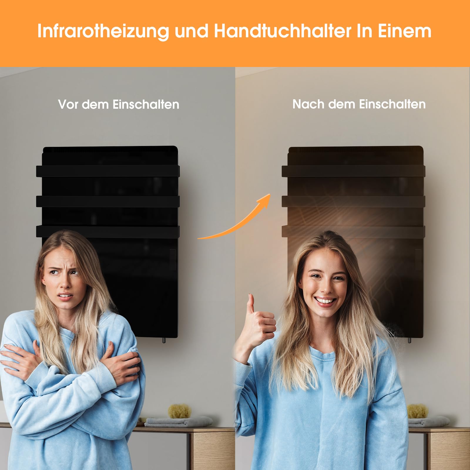 Infrarotheizung mit Thermostat 730 Watt, Bad-Heizkörper mit Handtuchhalter, Infrarot Wandheizung mit App Steuerung, Elektroheizung mit Touchscreen, Handtuchheizung, Handtuchtrockner, Schwarz