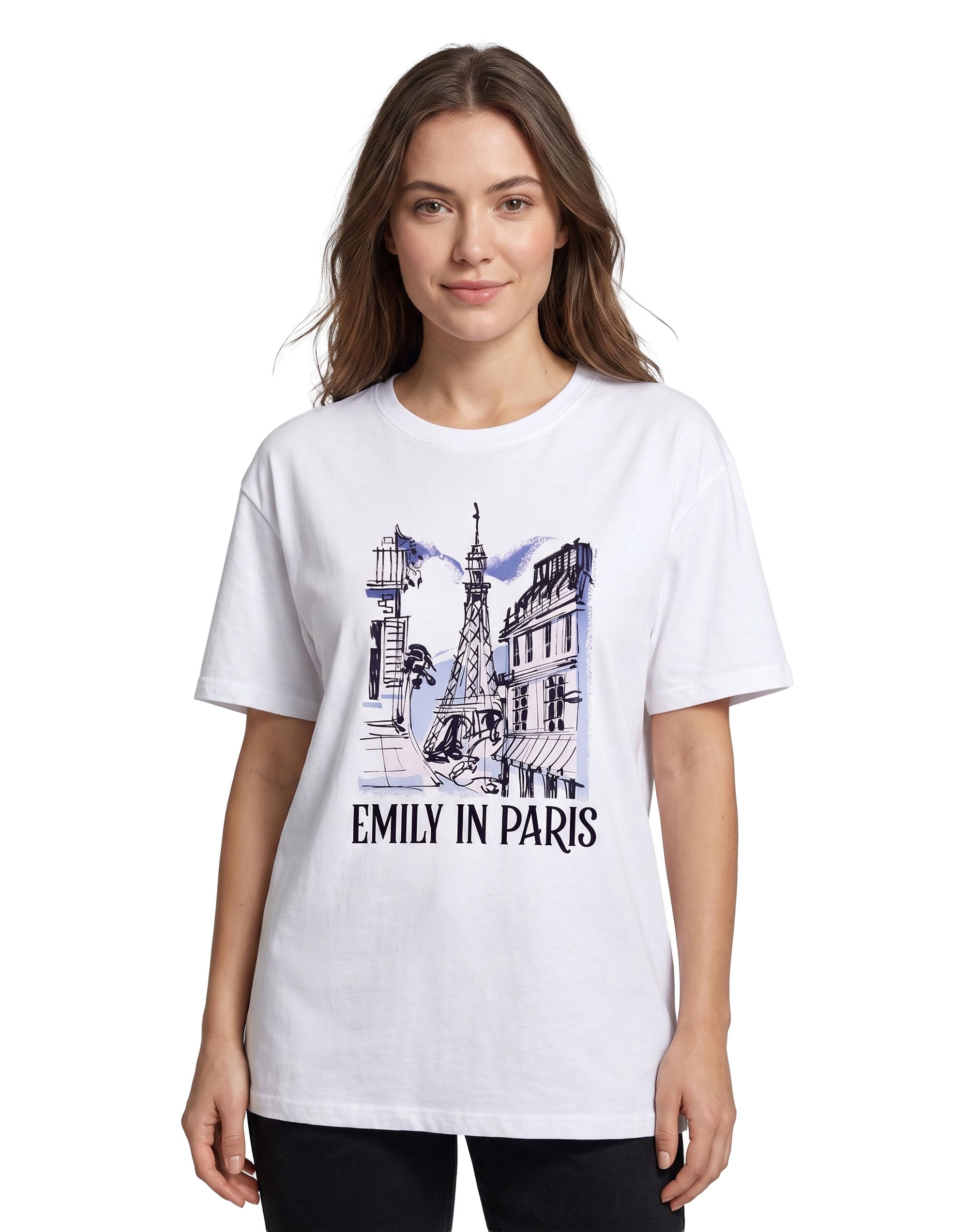 Emily in Paris Womens T-Shirt in White | Sketched Parisian Landscape Short Sleeve Oversized Graphic Tee for Adults | Lightweight Short-Sleeved Top | Netflix Series Merchandise Gift for Women