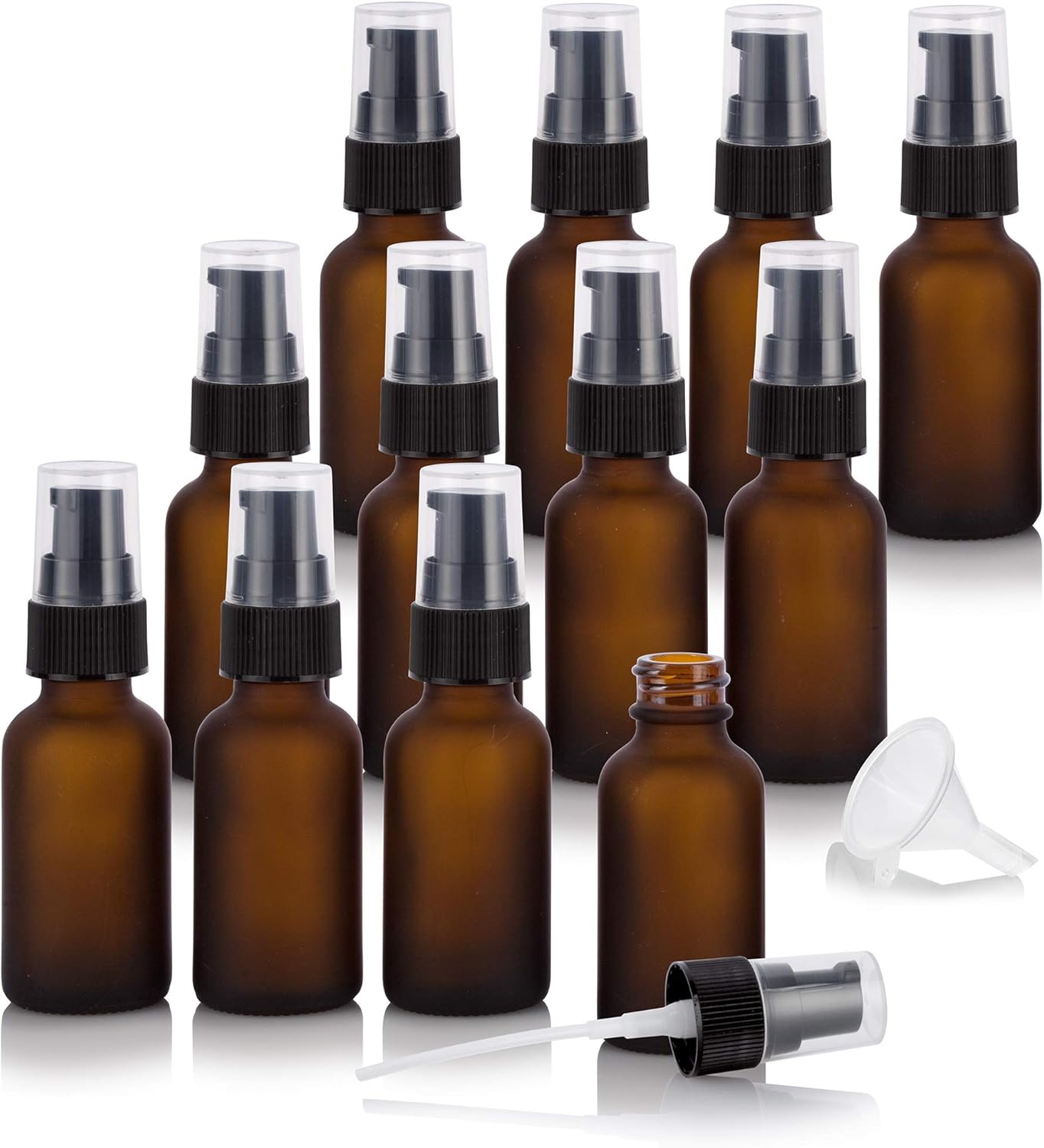 JUVITUS 1 oz / 30 ml Frosted Amber Glass Boston Round Bottle with Black Treatment Pump (12 pack) + Funnel