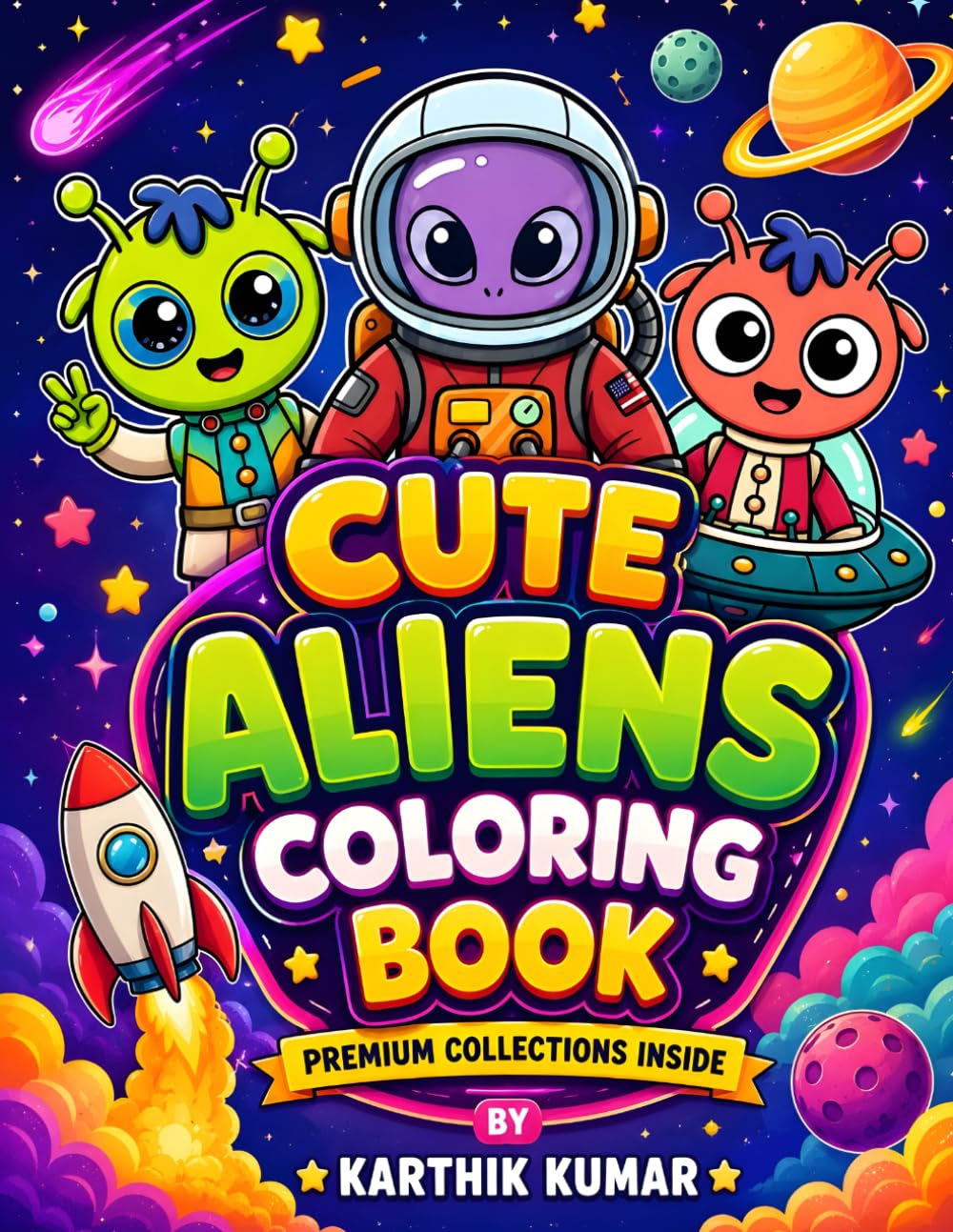 Cute Aliens Coloring Book: Fun and Relaxing Space Adventure Coloring Pages with Adorable Aliens, Astronauts, Rockets, UFOs, Planets, and Cosmic Designs for Kids, Teens, and Adults