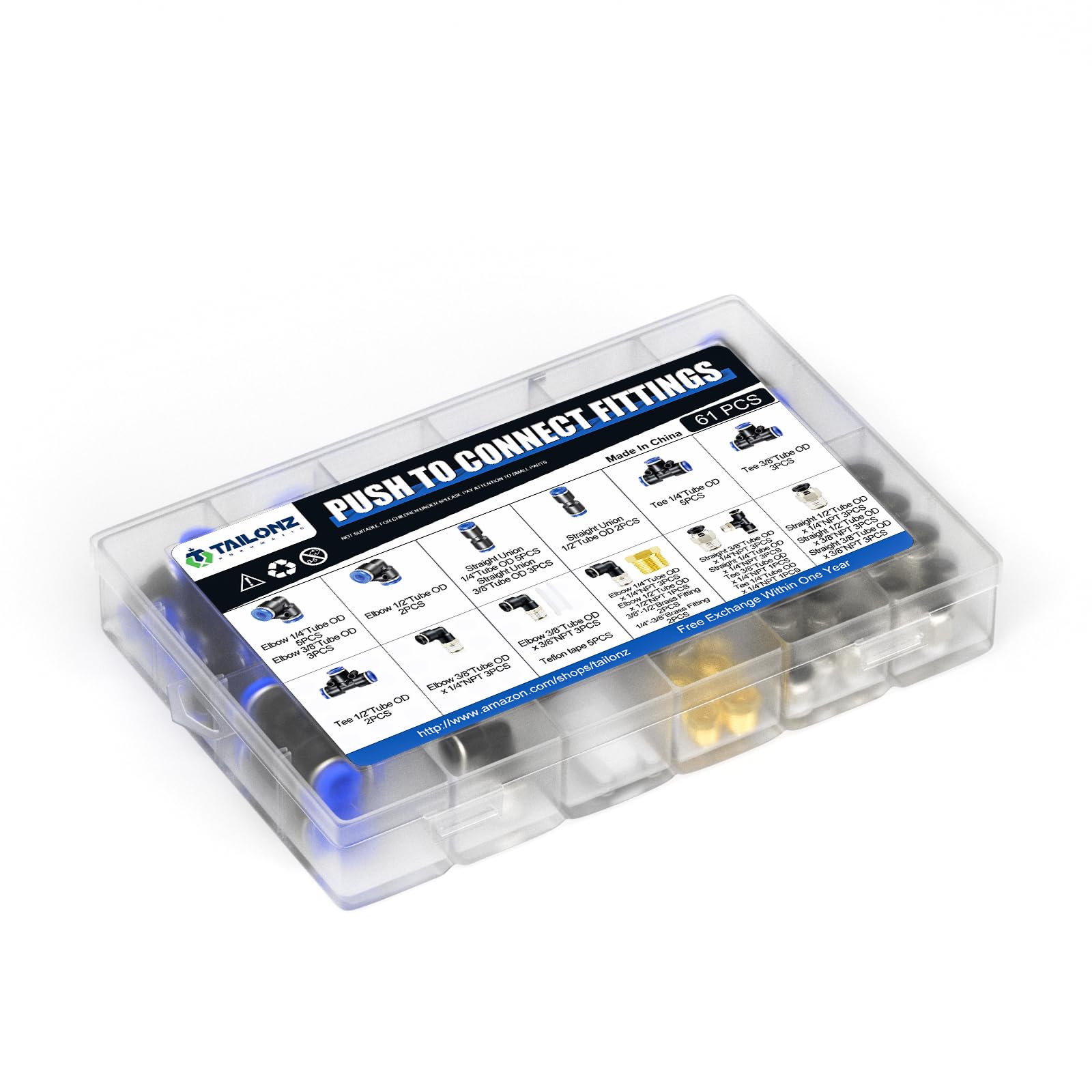 Tailonz Pneumatic Raccordi innesto rapido 0,6, 0,9, 1,3 tubi aria, kit di filettato di collegamento per raccordi a innesto rapido, per tubi in nylon, dell'aria, in PU e altri (confezione da 66)