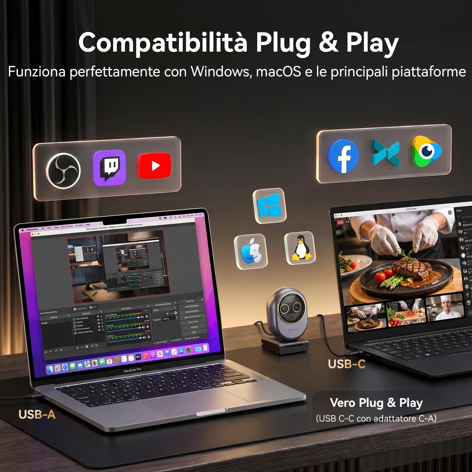 EMEET Piko Webcam 4K per Streaming a Doppia Obiettivo, Telecamera Grandangolare e Teleobiettivo, Zoom Ibrido 11X, Autofocus 0,2s, Telecomando, 3 Microfoni, Copertura Privacy Panda, USB C per Lavoro