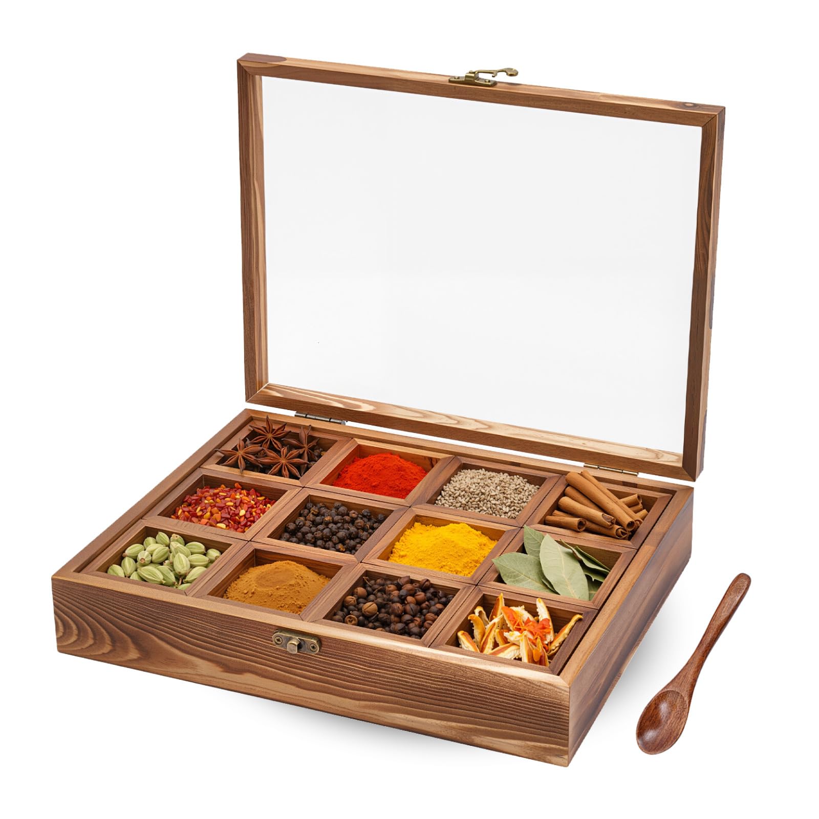 Tyvotrend Wooden Spice Box with 12 Detachable Containers & Spoon, Spice Rack Organizer Storage Box with Clear Lid, Kitchen Storage Container for Storing Spices or Teas, 30x22.5x7cm