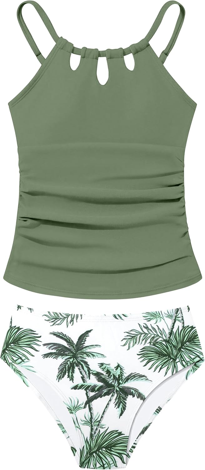 Girls Swimsuit Cutout Bathing Suit Cute Two Piece Swimsuits for Teen Girls Modest Swimwear High Waisted Tankini 9-18y