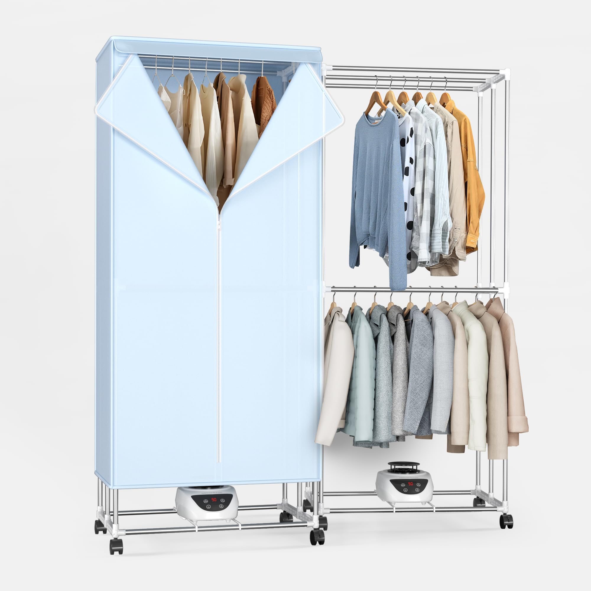 Innotic Sèche Linge Electrique Chauffant, 2 Niveaux Séchoir à Linge Pliable, Etendoir Linge Electrique avec 4 Roues, 1500W Séchage Rapide, Grande Capacité, Acier Inoxydable, Bleu