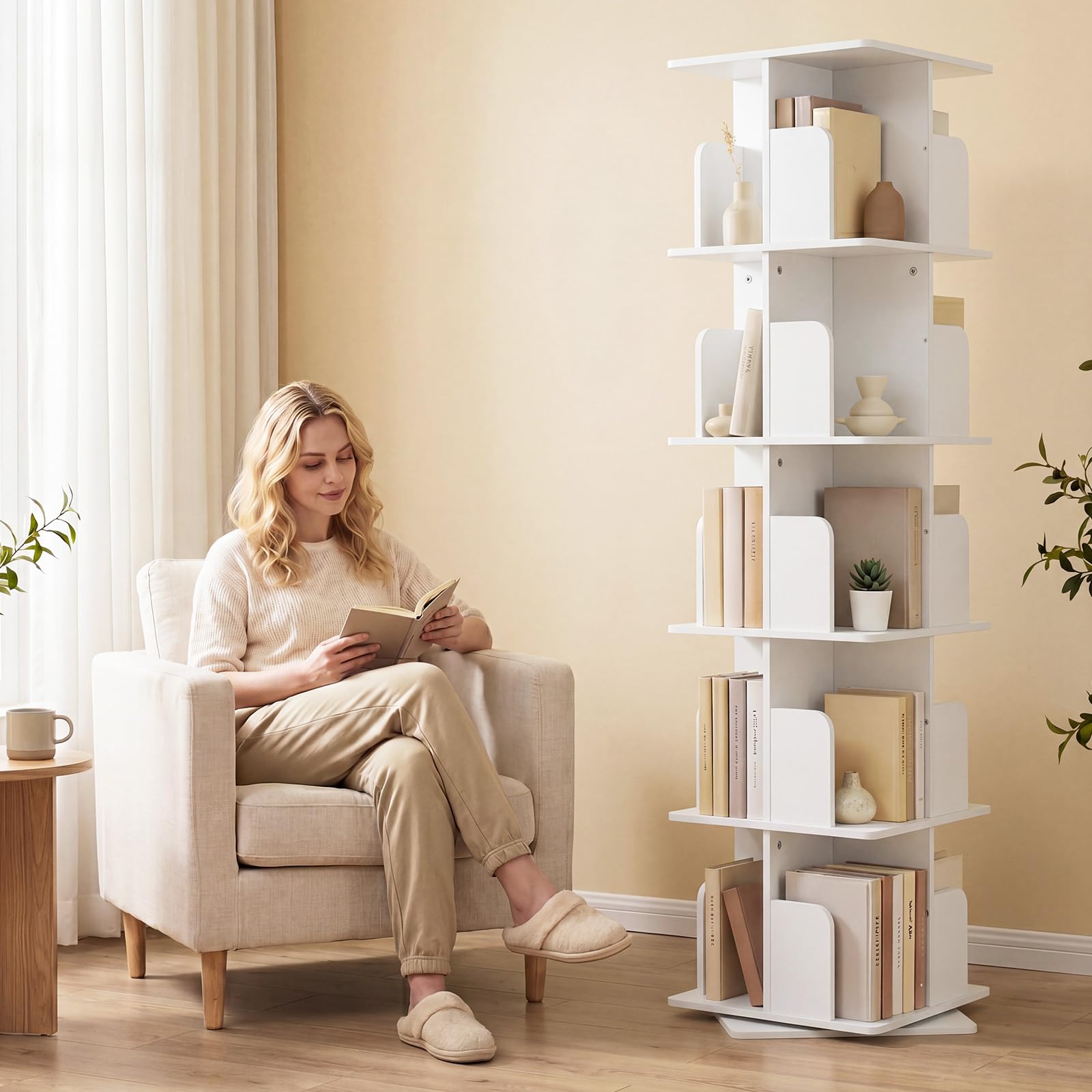 Drehbares Bücherregal 360° Frei, Bücherregal Drehbar Weiß, Bücherregal Kinder, für Wohnzimmer, Arbeitszimmer, Büro, als Raumteiler, 5 Ebenen