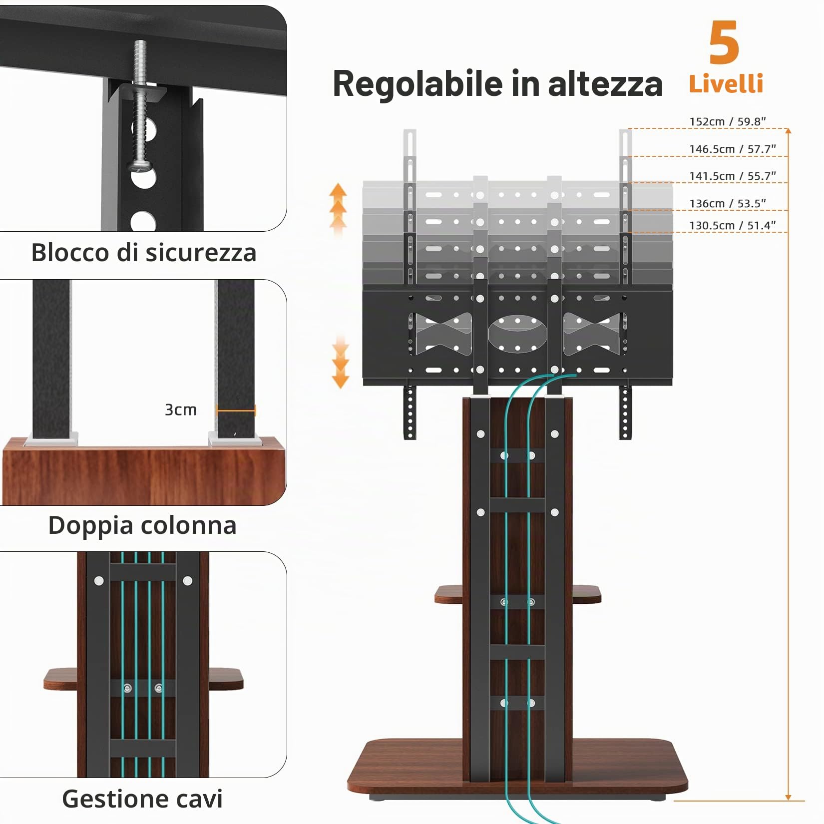 UNHO Supporto TV da Pavimento: Porta TV da Terra Mobile Ripiani Legno Bello Design Supporto TV da Terra per 32-65 Pollici Regolabile in Altezza Max VESA 400x600mm Portata 40kg