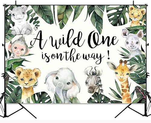 Miniatura 4 de Wild One - Telón de fondo para baby shower, decoración de fondo de fiesta de safari en la selva, vegetación tropical, animales de zoológico, niños,