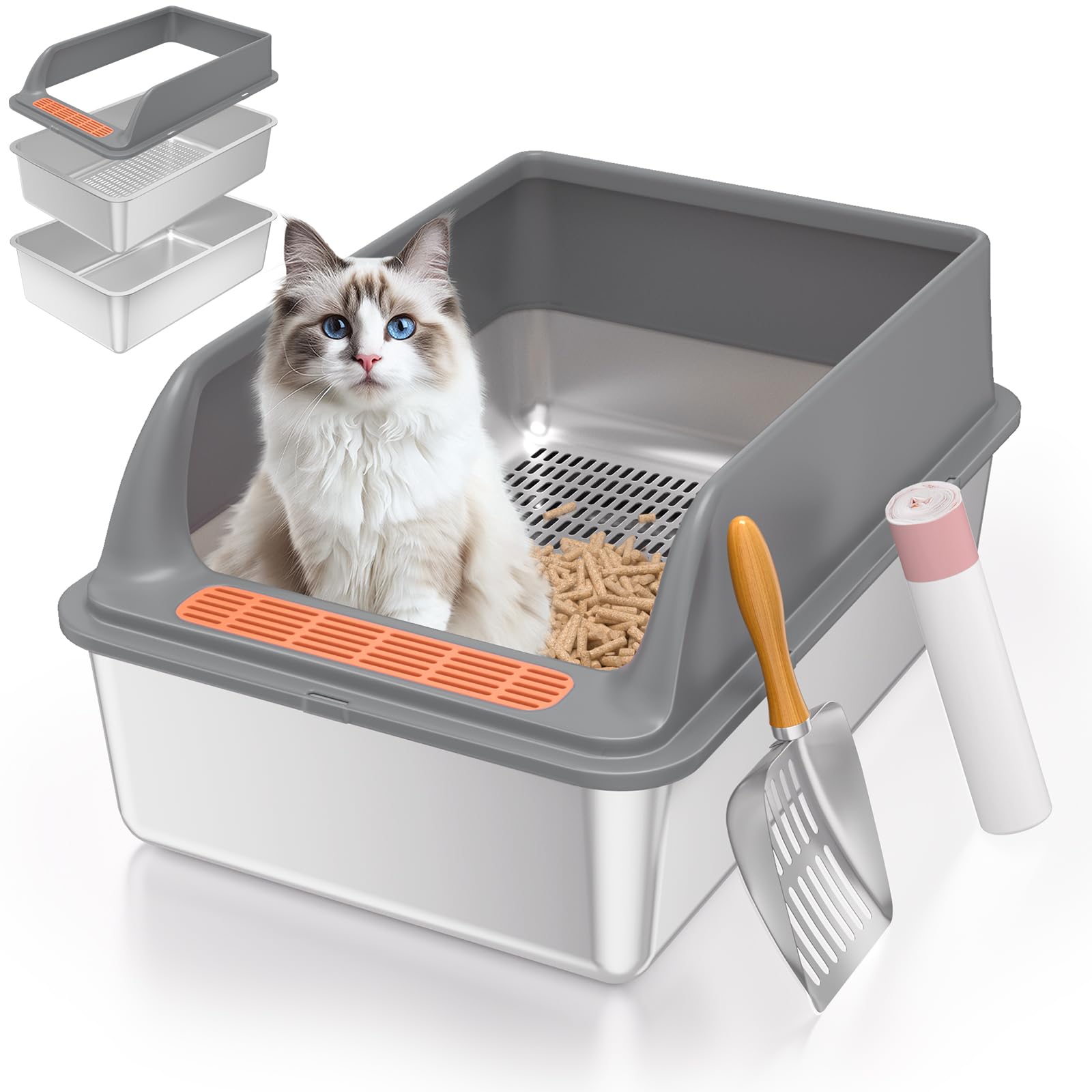 Stainless Steel Sifting Litter Box with Lid, Medium Sifting Cat Litter Box for Pine Pellets & Small Cats, Metal Sifter Litter Pan System for Odor Control, with Sifting Cat Box Liners & Scoop
