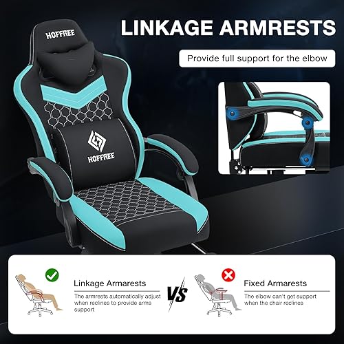 Miniatura 7 de HOFFREE Silla de juegos con altavoces Bluetooth, silla de juegos de masaje con reposapiés, silla de computadora de tela, sillas ergonómicas para