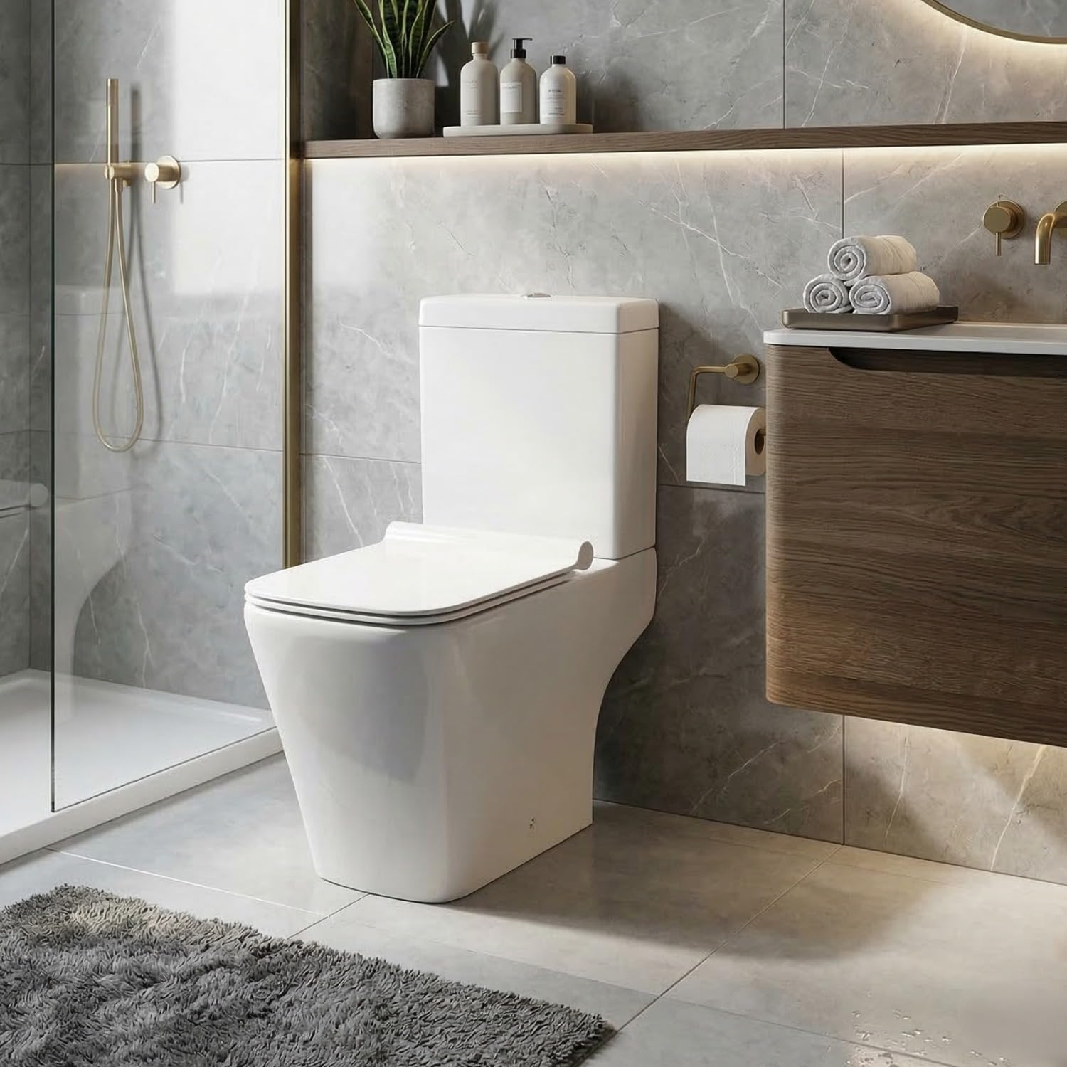 Go Bathrooms Modern Close Coupled Toilet with Soft Close Seat Antibacterial White Ceramic WC Pan Dual Eco Flush Water Saving Technology Compact Design for Bathrooms & En-Suites