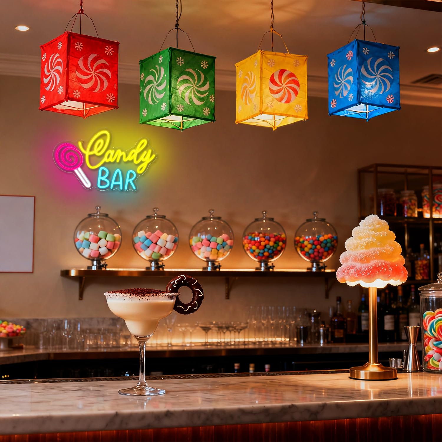 Candy Bar letrero de neón, señal de neón piruleta para tienda de dulces, LED de caramelo regulable luz de neon para cocina tienda dulces barra postres cumpleaños boda fiesta regalo