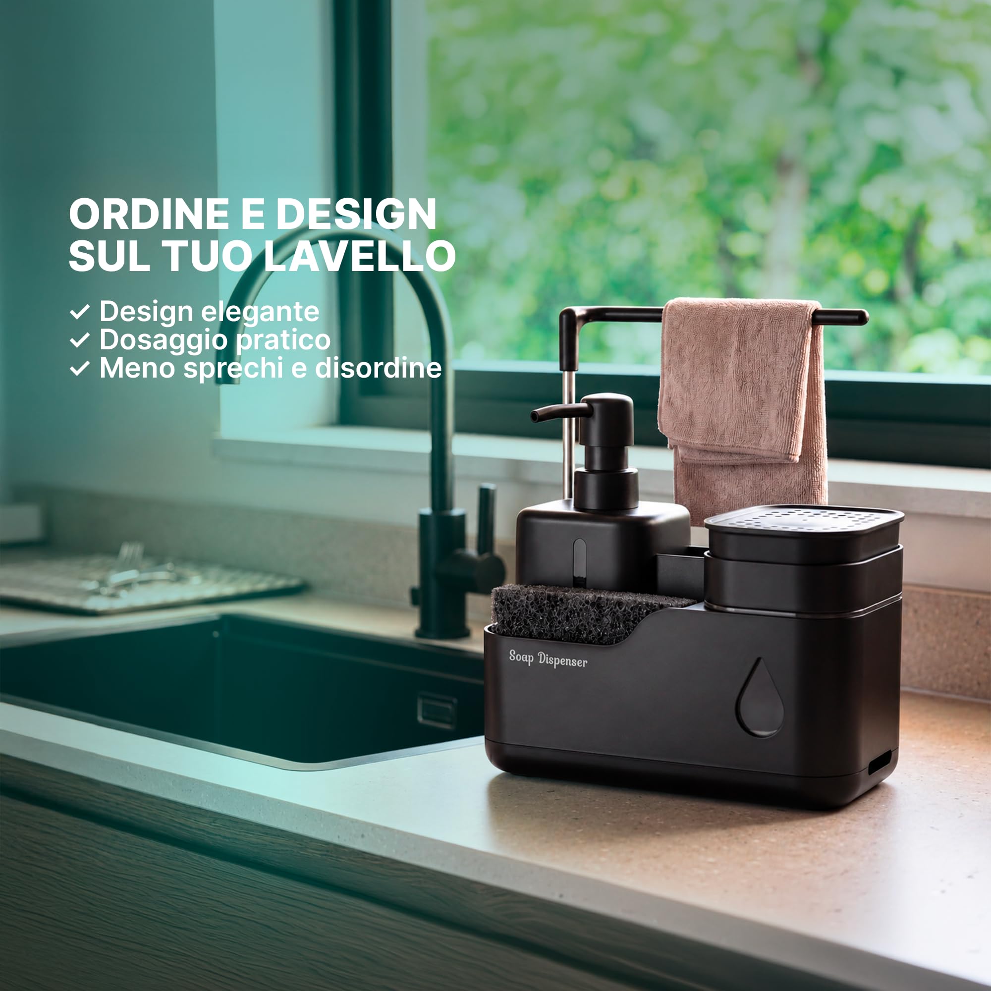 Dispenser Sapone Cucina, Dispenser Sapone Piatti 5 In 1 Con Click Con Porta Spugna, Porta Panno, Porta Spazzola E Dispenser Sapone Mani | Set Lavello