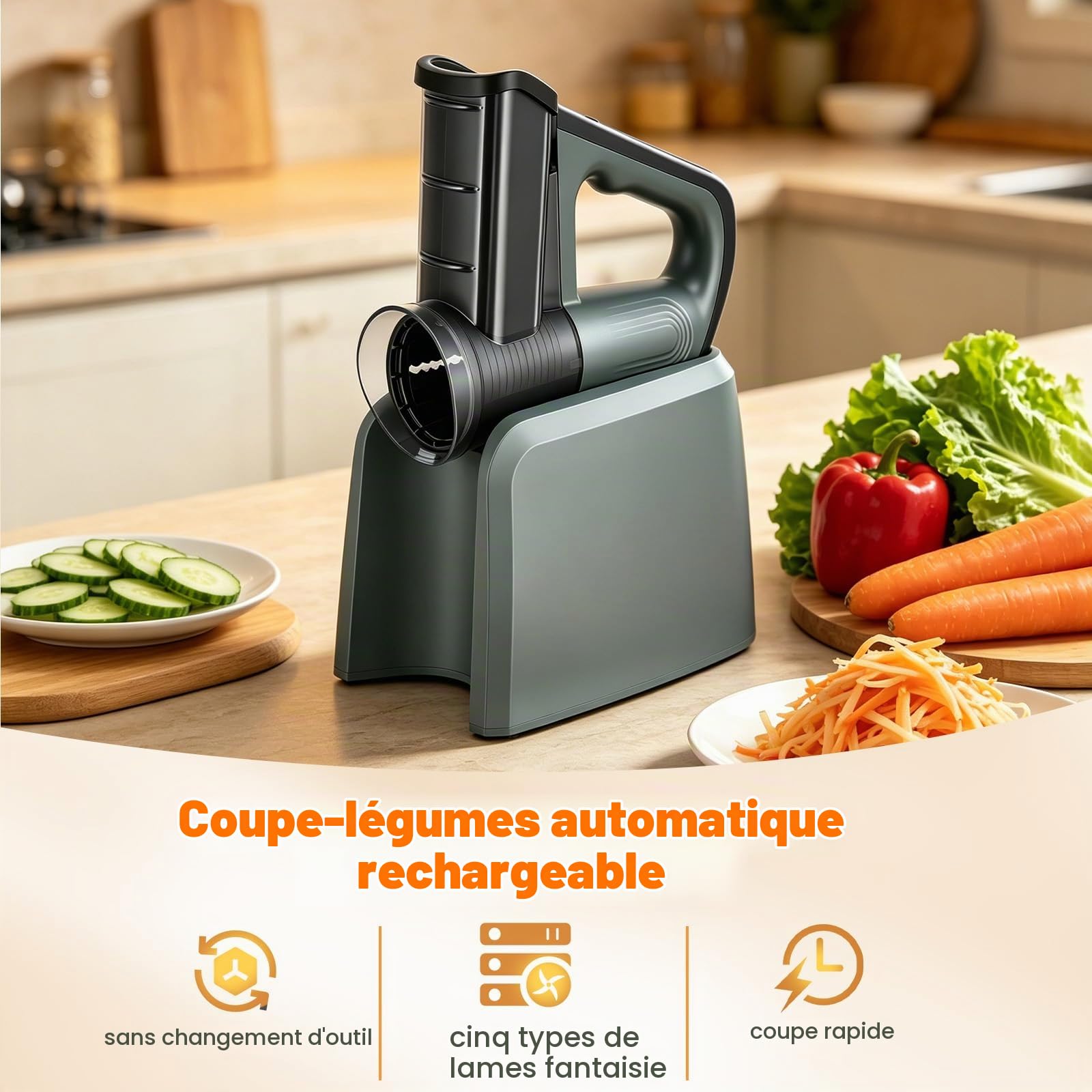 Rapeuse légume électrique 5-en-1, Mandoline et Coupe-légumes avec râpe Carotte, Découpe légumes Multifonction avec 5 Lames interchangeables, pour Fruits, Fromage et Pommes de Terre