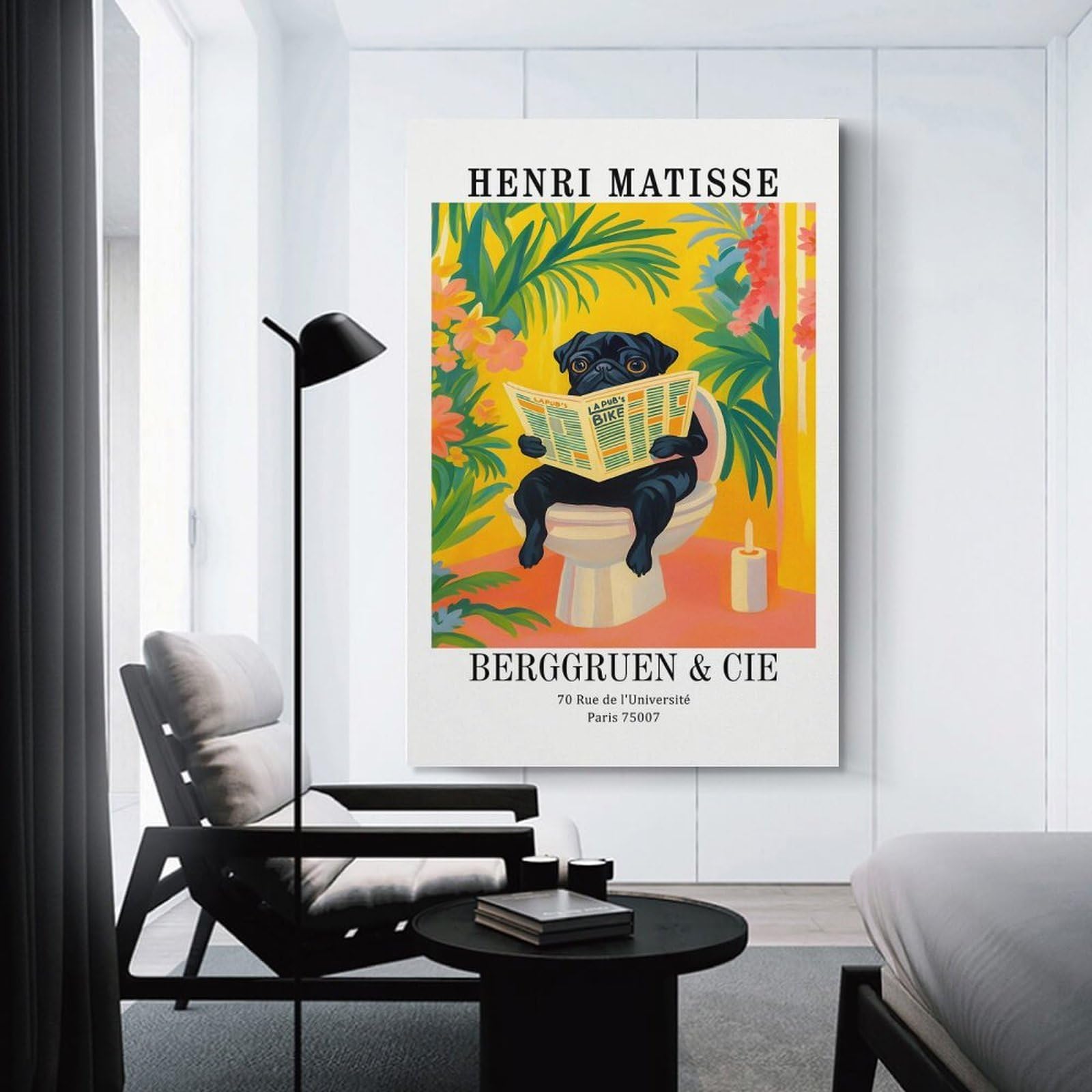 Junmoney Pug Reading Newspaper on Toilet Art Home Decor Wall Art 20x30inch(50x75cm), for Restful Interiors, Bedrooms Or Small Rooms, Decorative Wall Art for Cosy Rooms