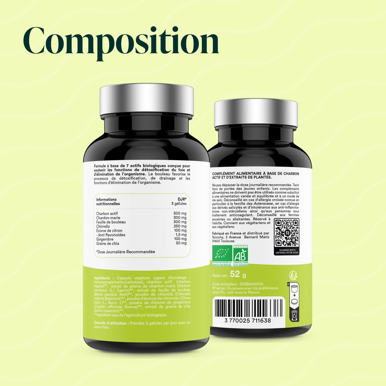 NOVOMA Formule Détox Bio, Purification Foie & Digestion, Avec Charbon Actif, Chardon-Marie, Chlorella & Gingembre, Cure de 1 Mois, 90 Gélules, Végan, Fabriqué en France