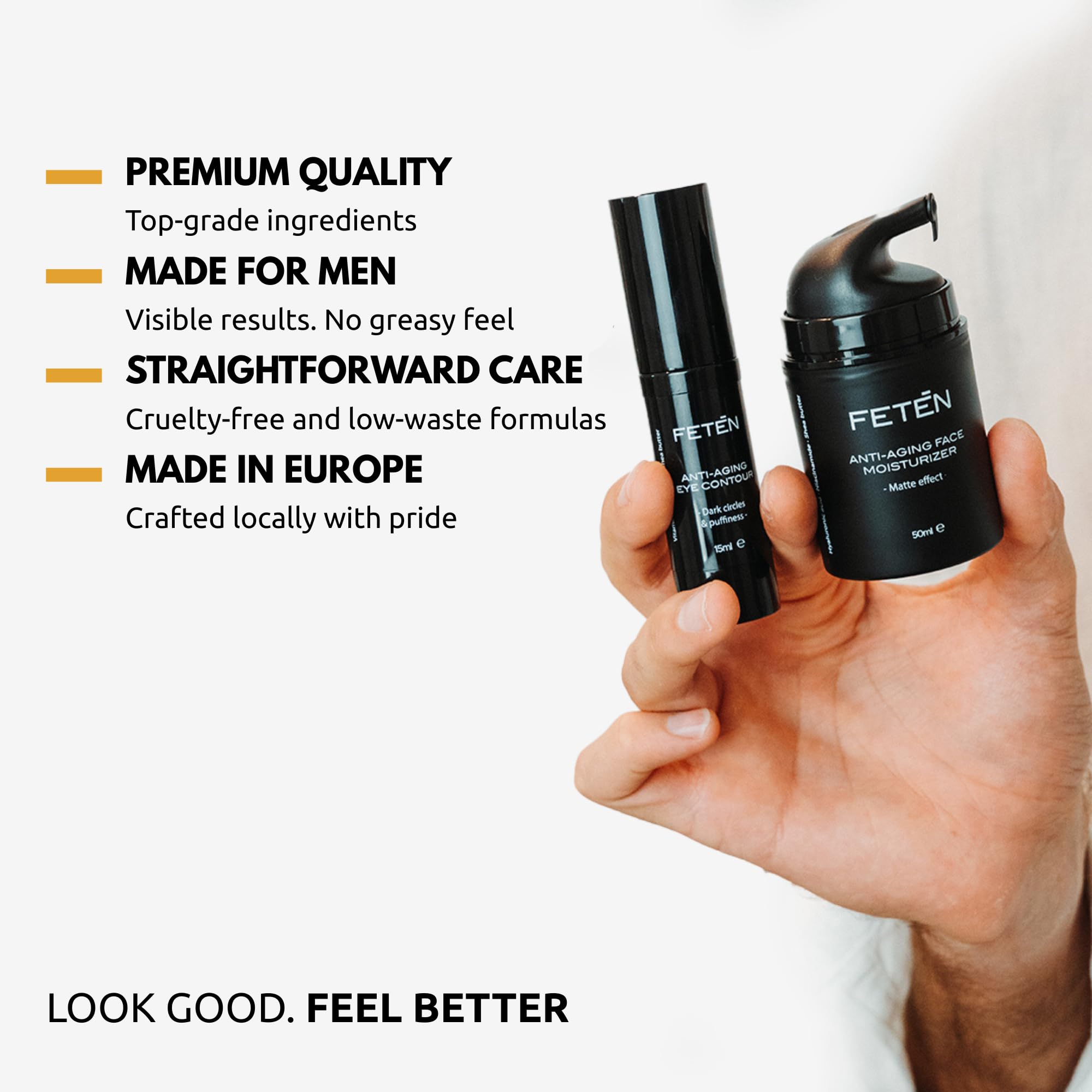 FETEN Zestaw 360 do Pielęgnacji Twarzy dla Mężczyzn - Zestaw Prezentowy 4 w 1 z Peelingiem, Serum Przeciwzmarszczkowym z Witaminą C, Kremem Nawilżającym i Kremem pod Oczy na Cienie