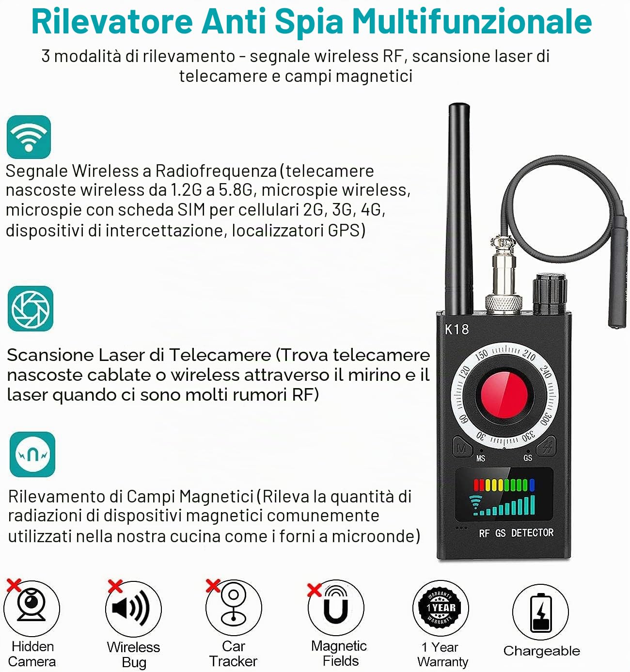 Bug Finder GPS Multifunzione Anti-spia Rivelatore Fotocamera GSM Audio Segnale Lente RF Tracker Rilevatore Magnetico