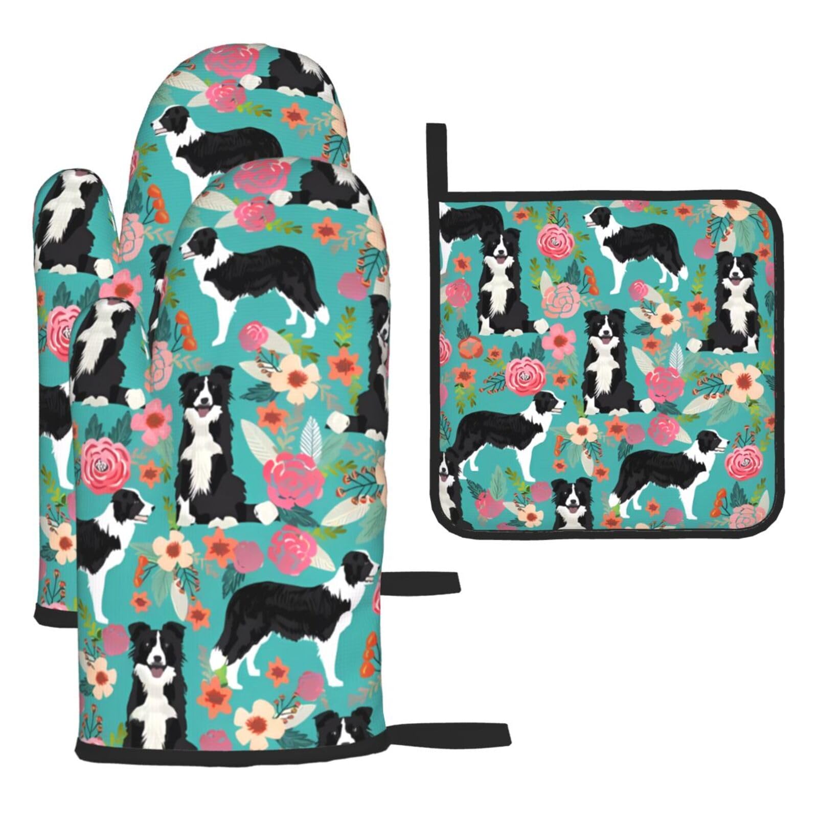 3 Piece Oven Mitts and Pot Holders Set Heat Resistant Oven Gloves and Potholders BBQ Gloves Hot Pads Border Collie Florals Cooking Gloves for Kitchen Baking Grilling