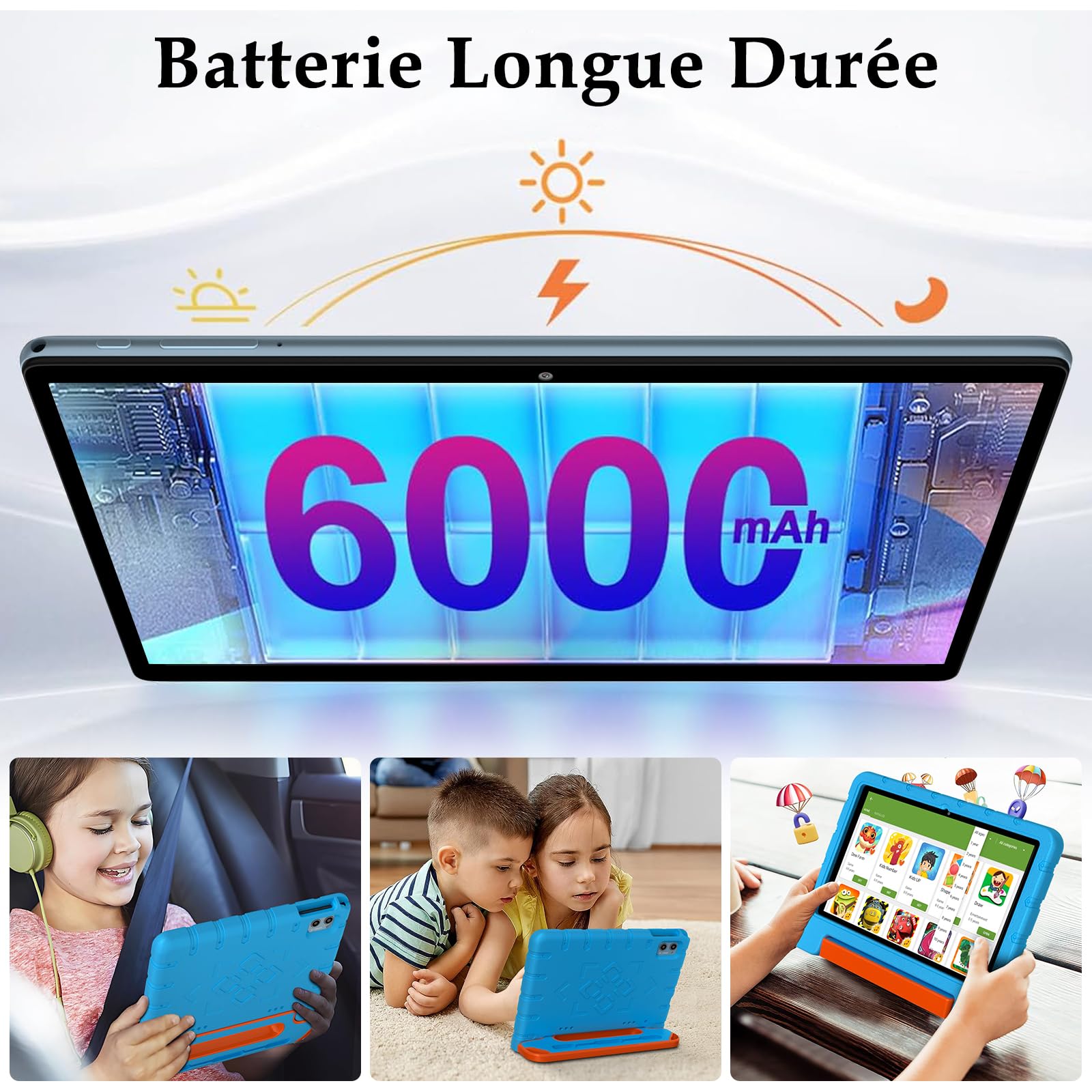 ZIOVO Tablette Enfants Android 15 Tablette 10 Pouces, 30Go RAM + 64Go ROM (TF 2To), Gemini AI, 5G WiFi/Octa-Core/Widevine L1/Face ID/Contrôle Parental/6000 mAh/BT 5.0, Tablette avec étui EVA - Bleu