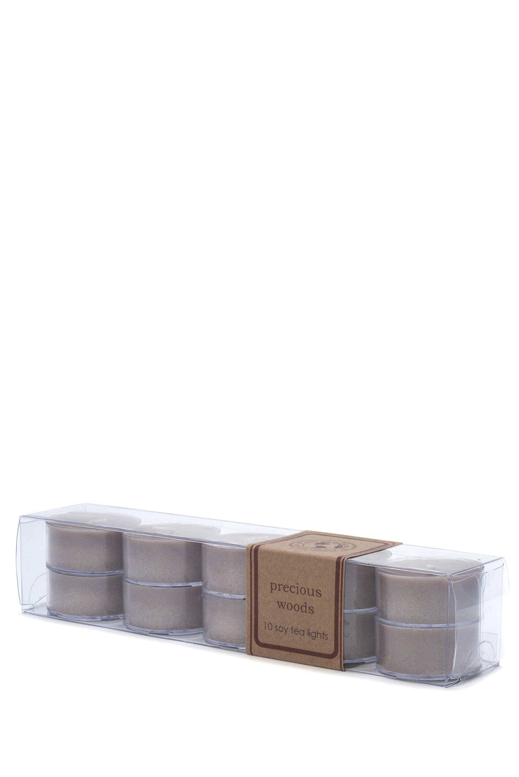 Eco Candle Co.Tea Light Candles, Precious Woods, 10-Pack - Scents of Smoked Wood, Nutmeg, Musk, & Ylang - Recyclable, 100% Soy Wax, No Lead, Hand Poured, Midwest Grown Soybeans, .6 oz. Each