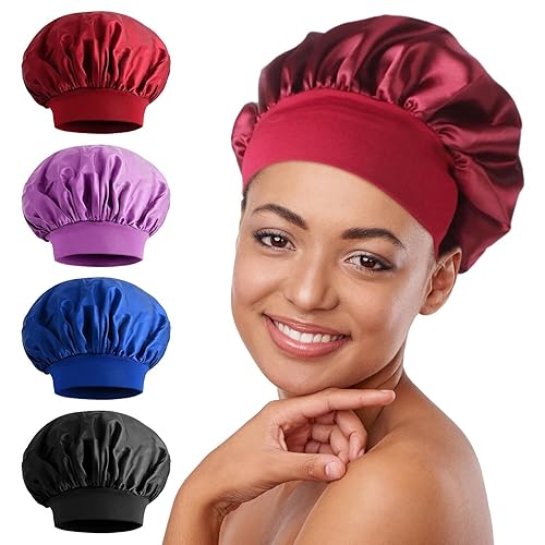 Gorro de seda, 4 unidades de gorro de satén para dormir, suave banda elástica para el cabello para mujeres, gorro de dormir grande para cabello