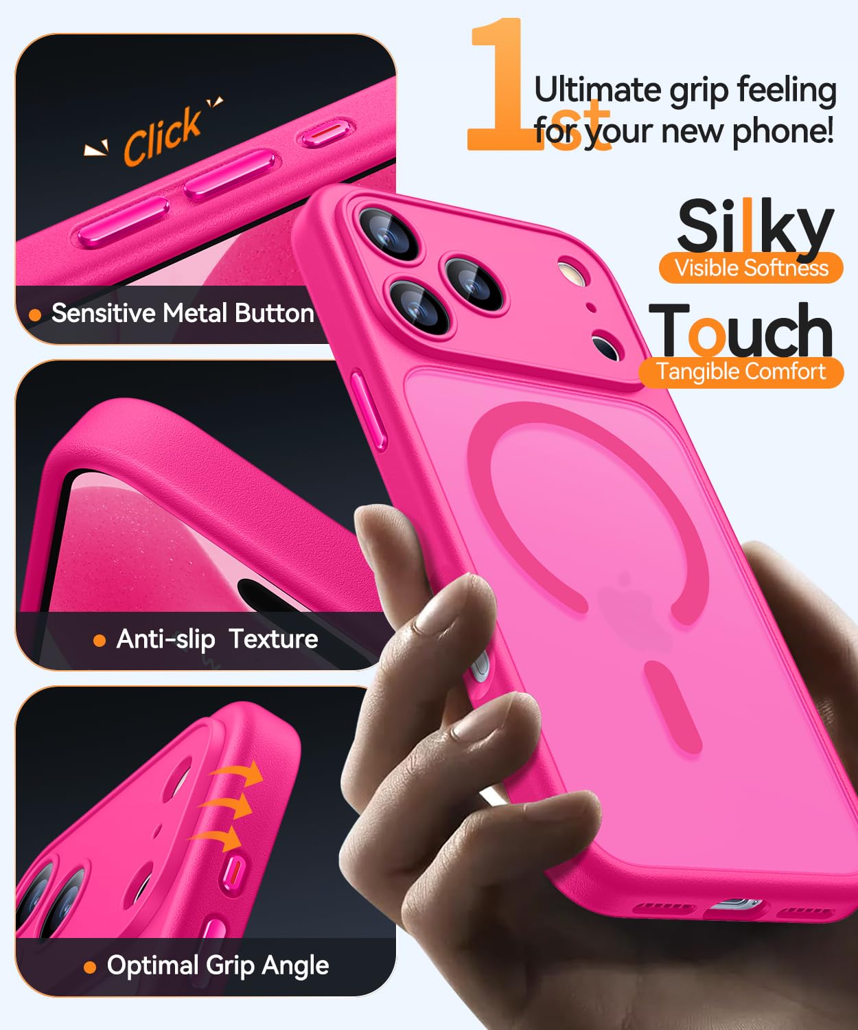 CANSHN Cover Magnetica per iPhone 17 Pro(6,3 Pollici), Compatibile con MagSafe, [Protezione Completa Della Fotocamera], Custodia Traslucida Opaca Protettiva Sottile Antiurto,Rosa Calda