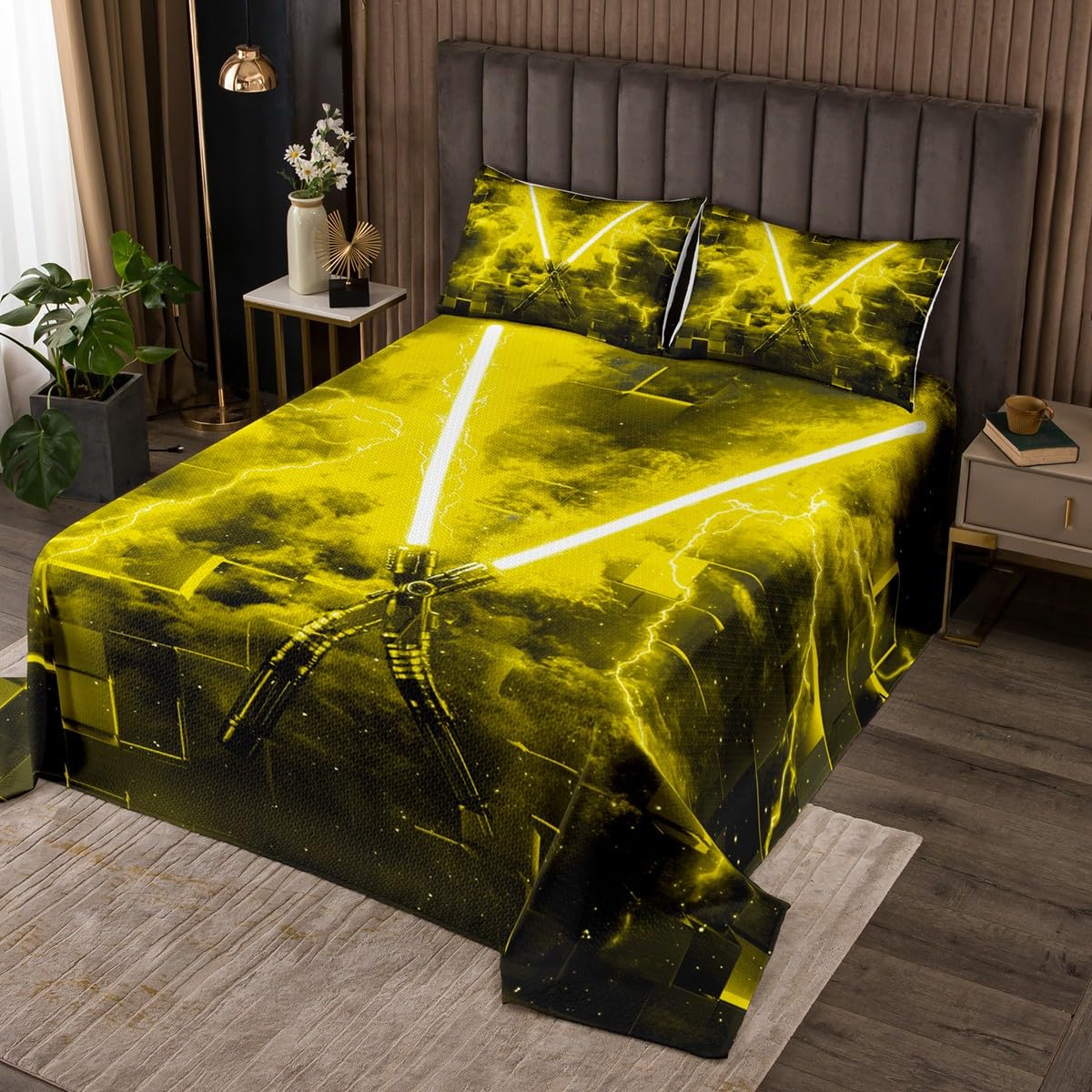Yellow Neon Lightsaber Bedspread Set,Queen Kids Boys Gamer Themed Quilt Set,Lightsaber Grommet Quilted Coverlet for Boys Girls Teens Room Decor,3D Geometrical Square Grid Bed Cover Glowing Lighting