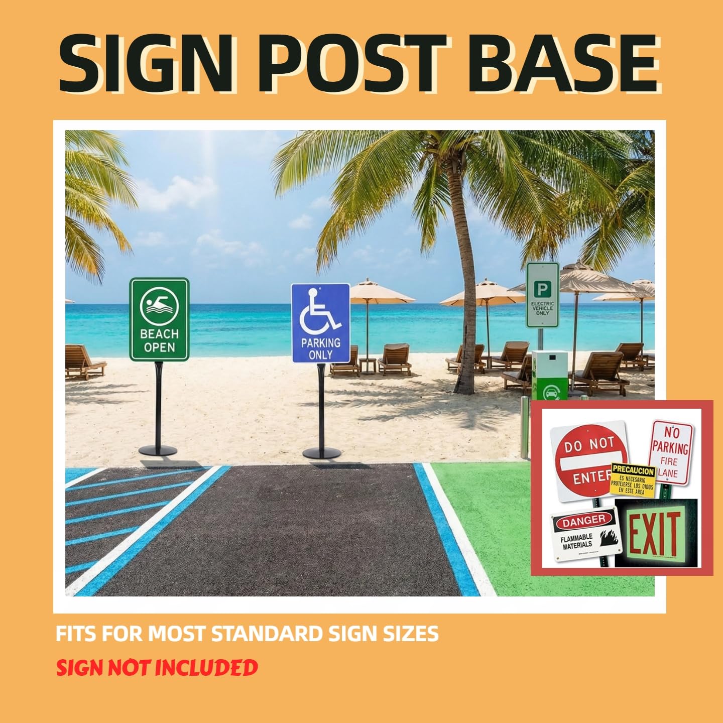 Kit de poste y base de hierro fundido resistente, soporte de 12 pulgadas de diámetro con poste de 48 pulgadas, pernos y tuercas para colgar carteles, soporte portátil para estacionamiento y