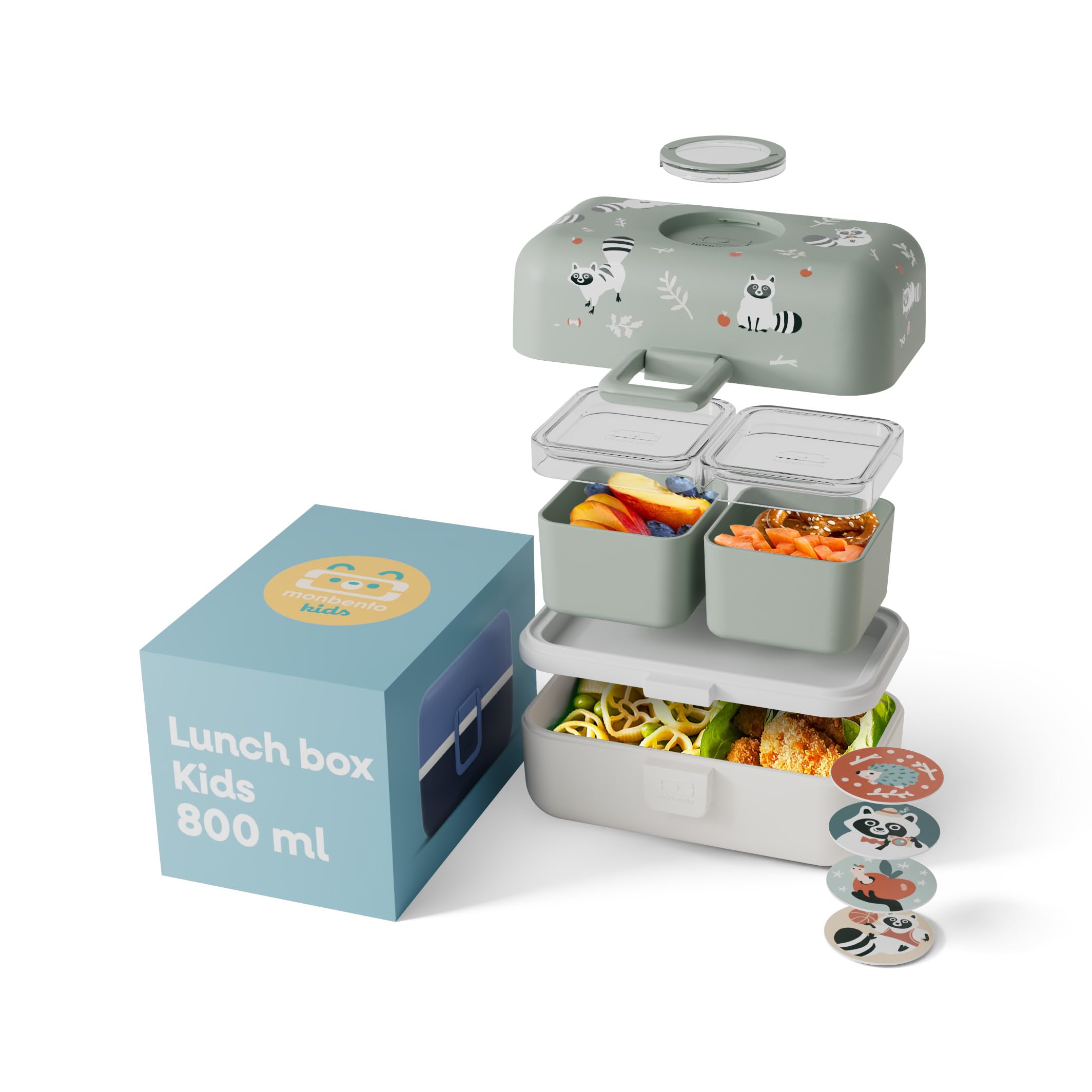 monbento - Lunch Box Bambini MB Tresor Raccoon - Procione - Porta Pranzo con 3 Scomparti - Perfetto per Pranzi o Merende a Scuola/​Parco - Senza BPA - Sicuro Per Uso Alimentare - Verde