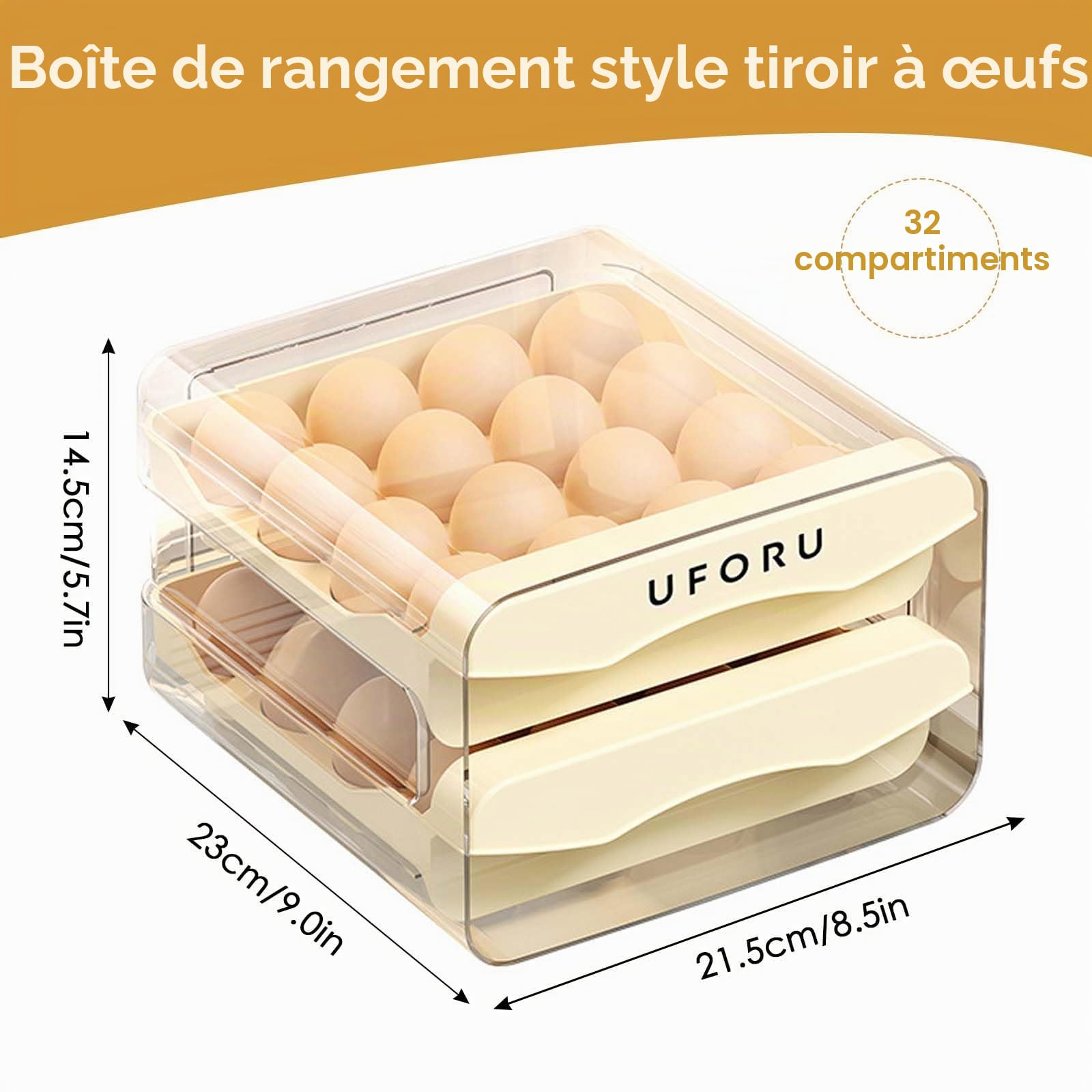 Plateau à Œufs pour Réfrigérateur, 32 Grilles/2 Couches Porte-œufs pour Réfrigérateur, Tiroir à Œufs pour Frigo, Boîte de Rangement pour Œufs Frais,Transparent, Crème