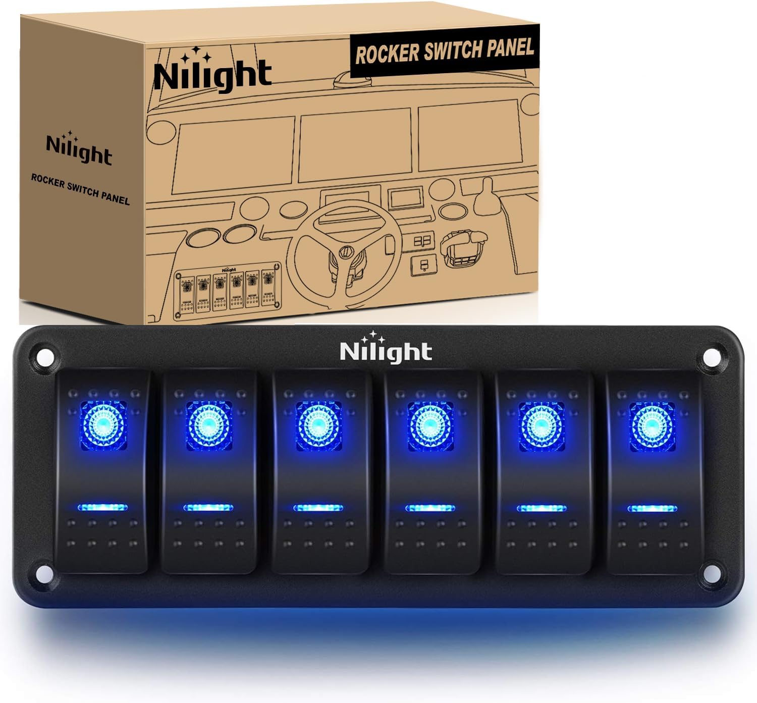 Nilight-90111F 6 Gang Aluminum Rocker Switch Panel Toggle Dash 5 Pin ON/Off Pre-Wired Rocker Switch Blue Backlit Switch for Automotive Car Marine Boat RV,2 Years Warranty