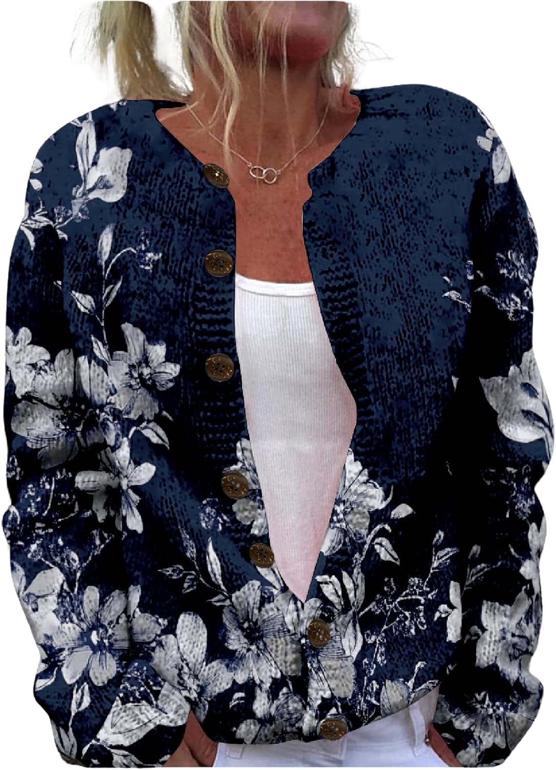 Floral Sweater Cardigan for Women Button Plus Size Cropped Knitted Open Front Chunky Winter Long Sleeve Blouses