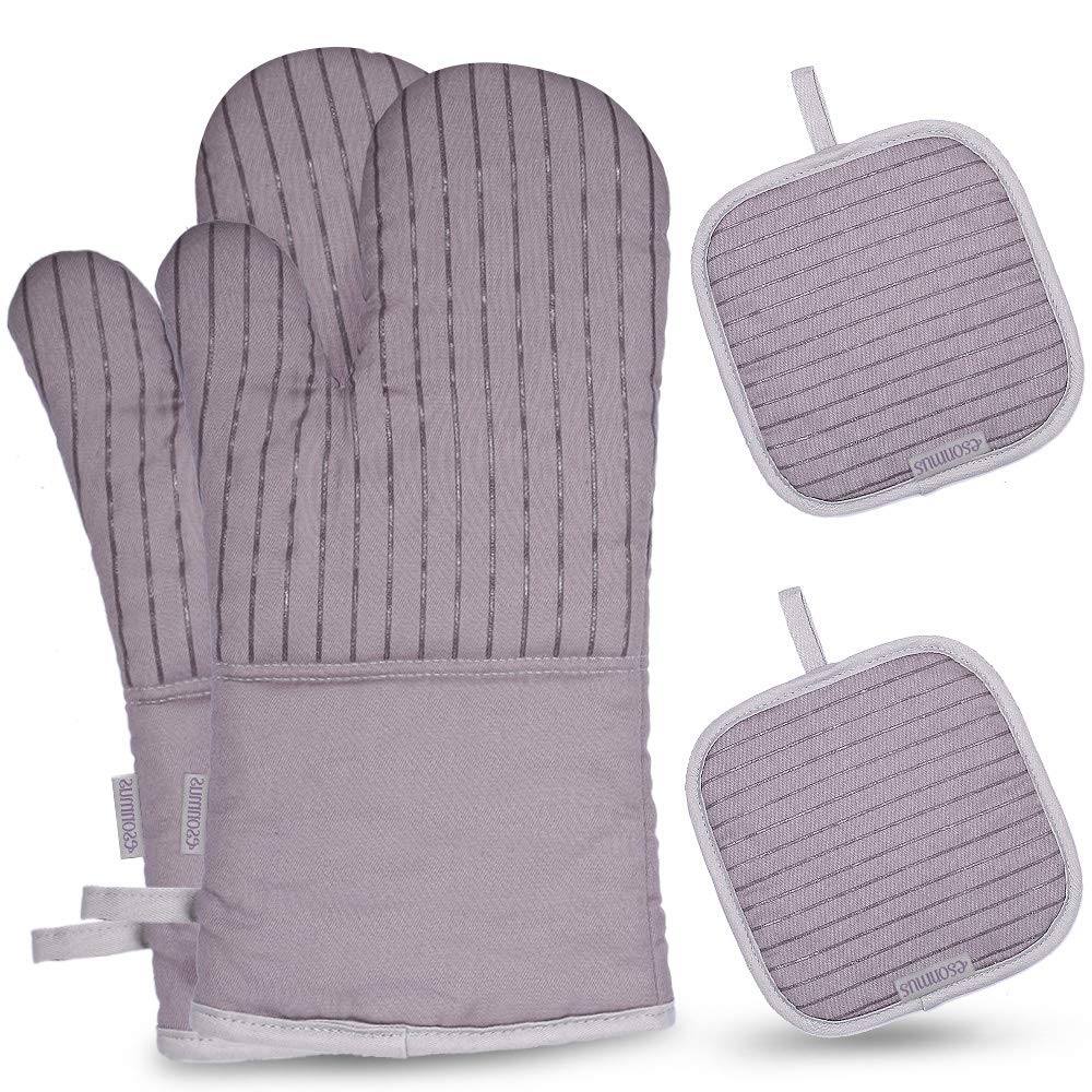 esonmus Oven Gloves Heat Resistant Oven Mitts and Pot Holders, Soft Cotton Lining with Non-Slip Surface for Safe BBQ Cooking Baking Grilling, 4 Pcs (Grey)