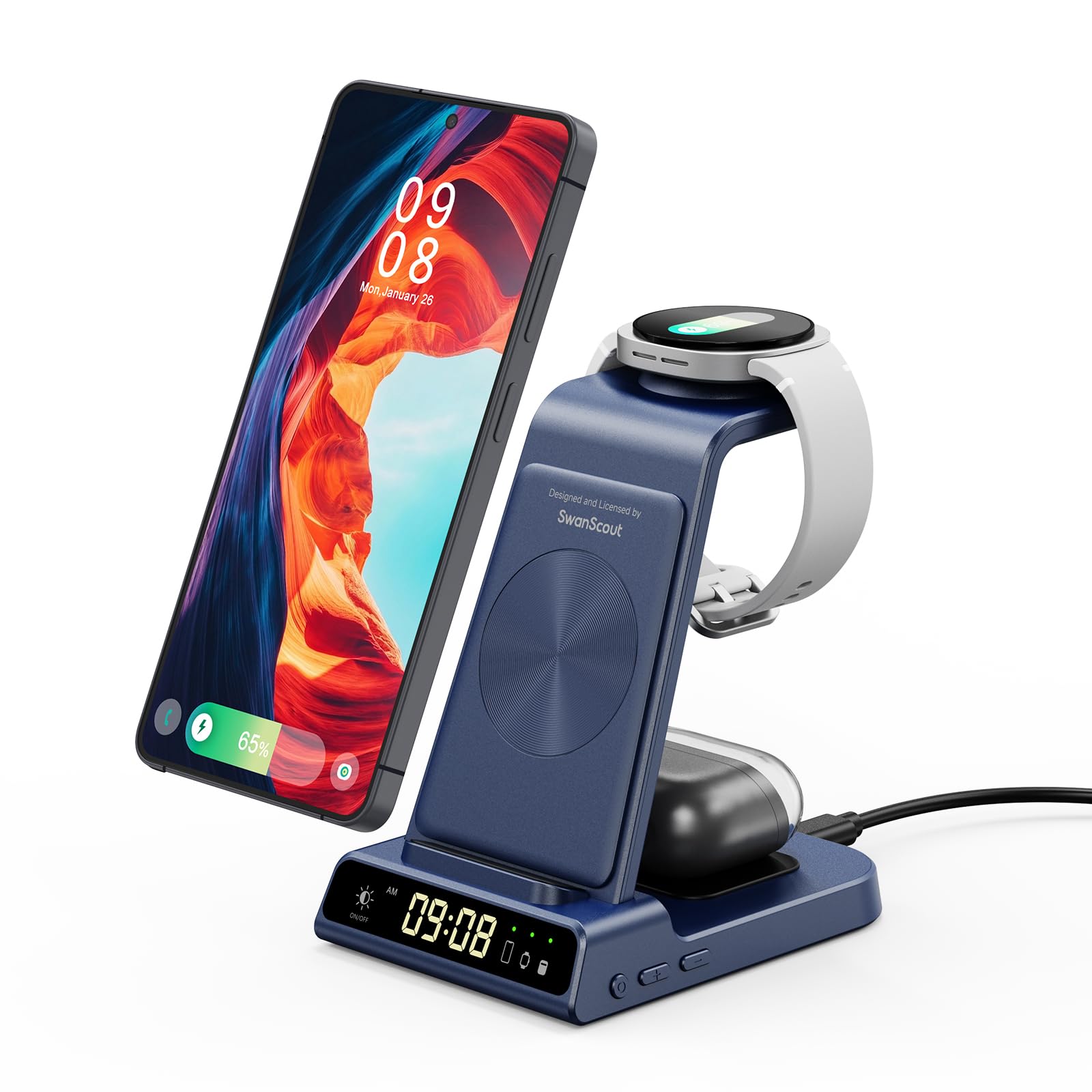 Induktive Ladestation für Samsung S25 Ultra, 3 in 1 Wireless Charger für Samsung Galaxy Watch 8/8 Classic/Ultra/7/6/5, Kabelloses Ladegerät für Galaxy S25/S24/S23/Z Flip 7/Fold 6