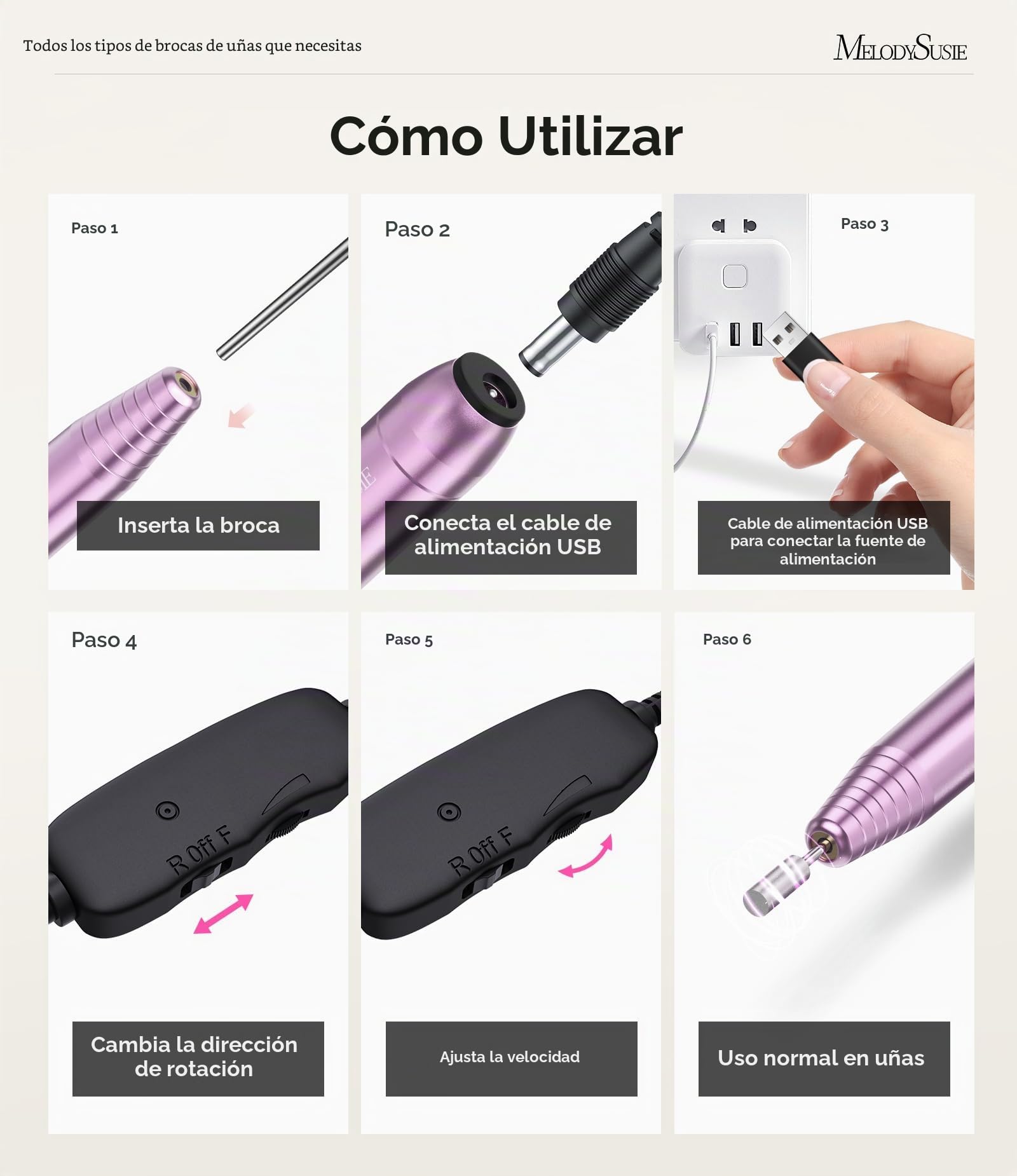 MelodySusie PC120I - Taladro eléctrico portátil para uñas de gel acrílico, herramienta de manicura y pedicura con brocas, bandas de lijado y cepillo para polvo (morado)