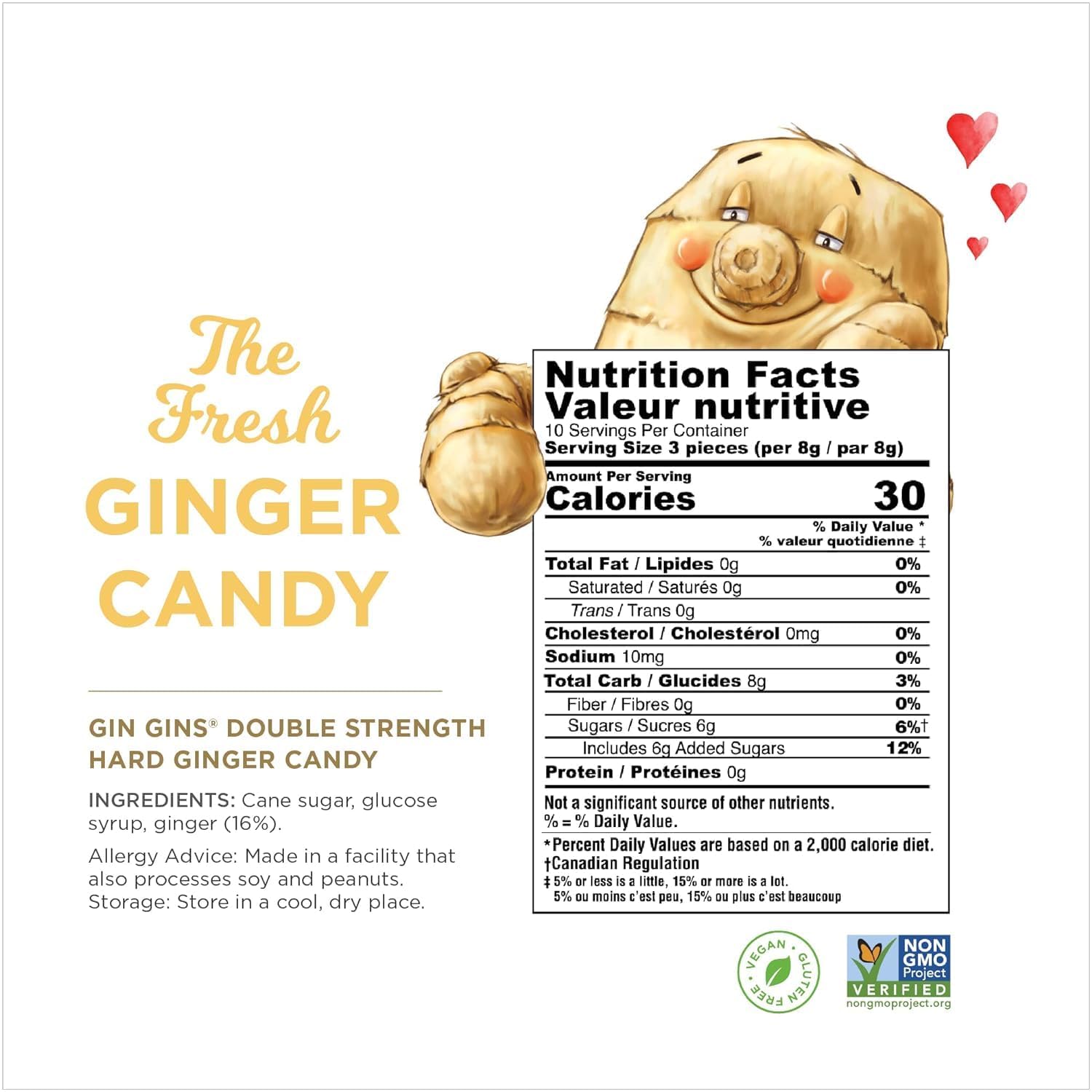 GIN GINS Double Strength Ginger Hard Candy – 100% Natural Candy by The Ginger People – Individually Wrapped Healthy Treats - Made with the Fresh Rhizome – Double Strength Flavor – 3oz Bag – Pack of 12