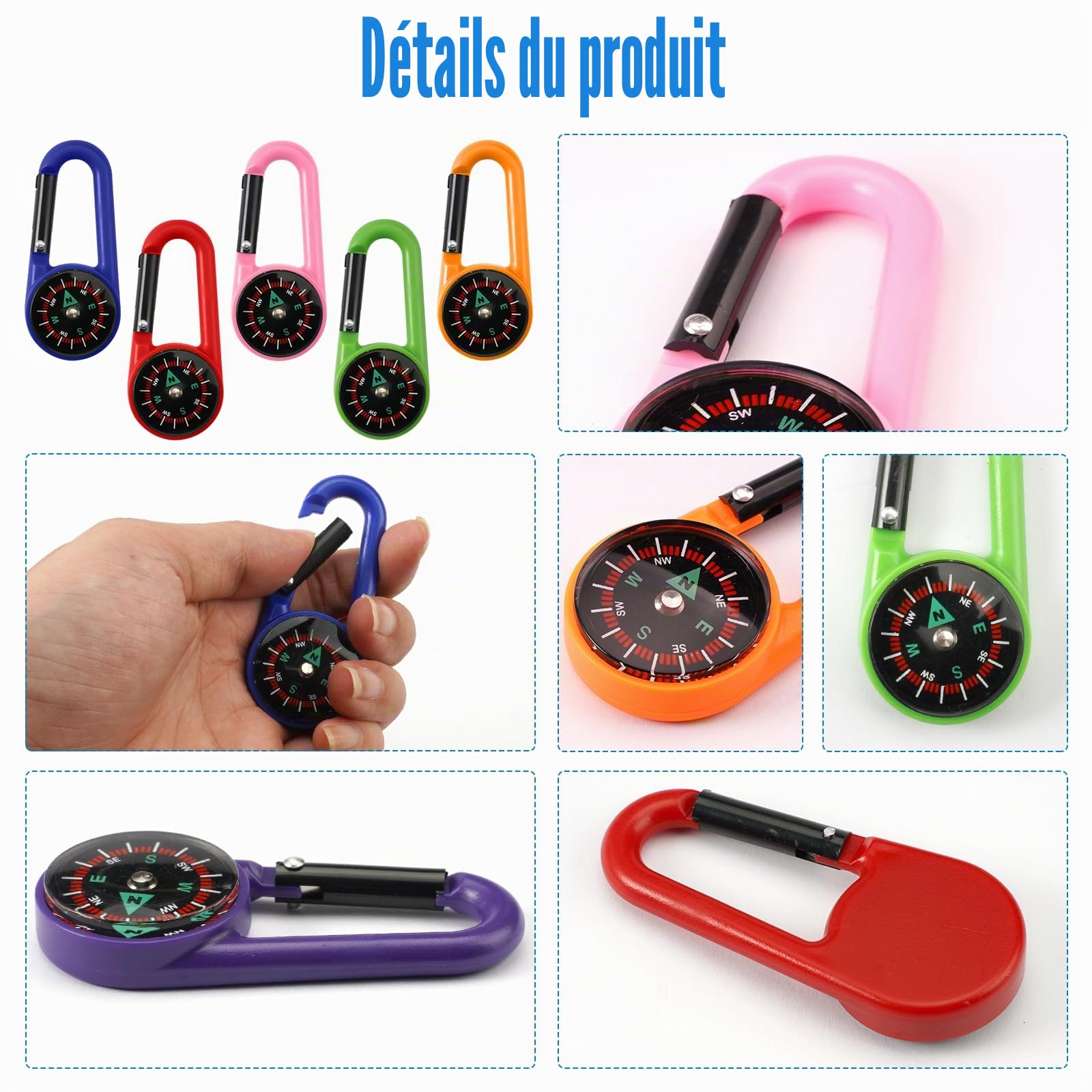 10 Pièces Boussole de Camping Colorée,Boussole Randonnée,Boussole Enfant,Multicolore Boussoles Randonnée,Mousqueton Multifonction avec boussole,Mini boussole pour l'extérieur, Le Camping, Les Urgences