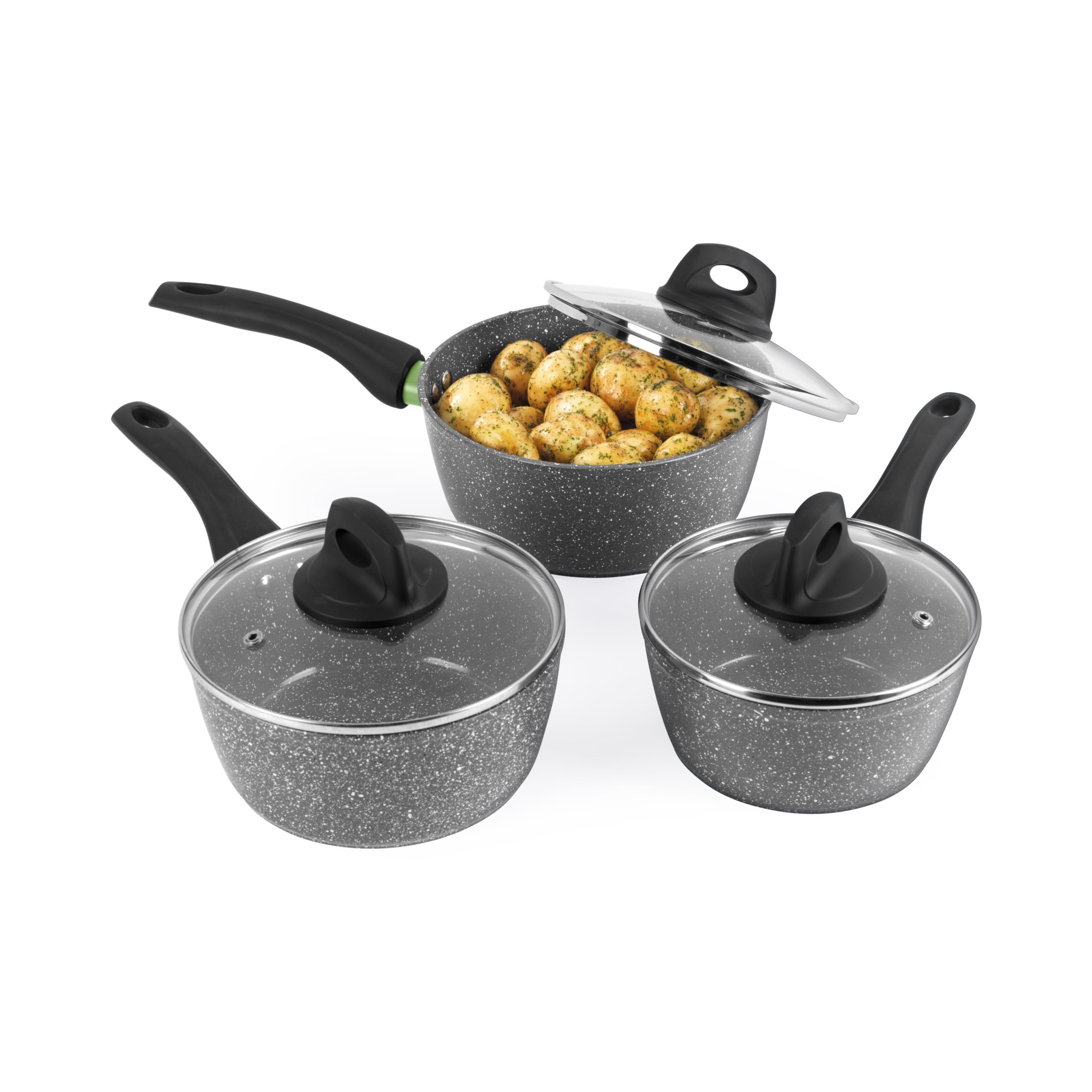 Salter Go Green Thermo Collar 3-częściowy zestaw patelni – technologia wskaźnika ciepła, bez PFAS, rondle 16, 18, 20 cm z pokrywkami i otworami wentylacyjnymi, ceramiczna powłoka nieprzywierająca