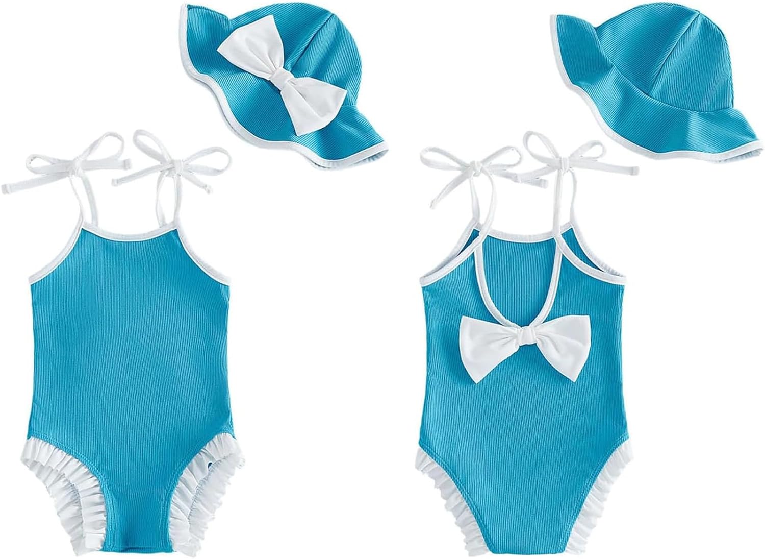 Boys Girl One Piece Swimsuits with Hat 2 Piece Bow Sun Protection Kids Swimwear with Zipper Sleeveless Solid Beach Beachwear