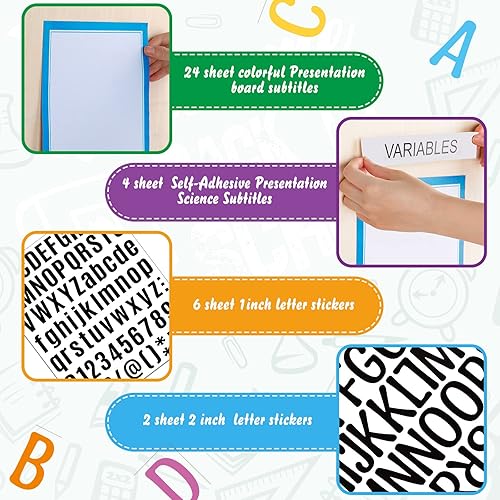Miniatura 58 de PerKoop 36 hojas de tableros de póster de la feria de ciencias, 24 subtítulos de presentación autoadhesivos, 4 títulos de proyectos de feria