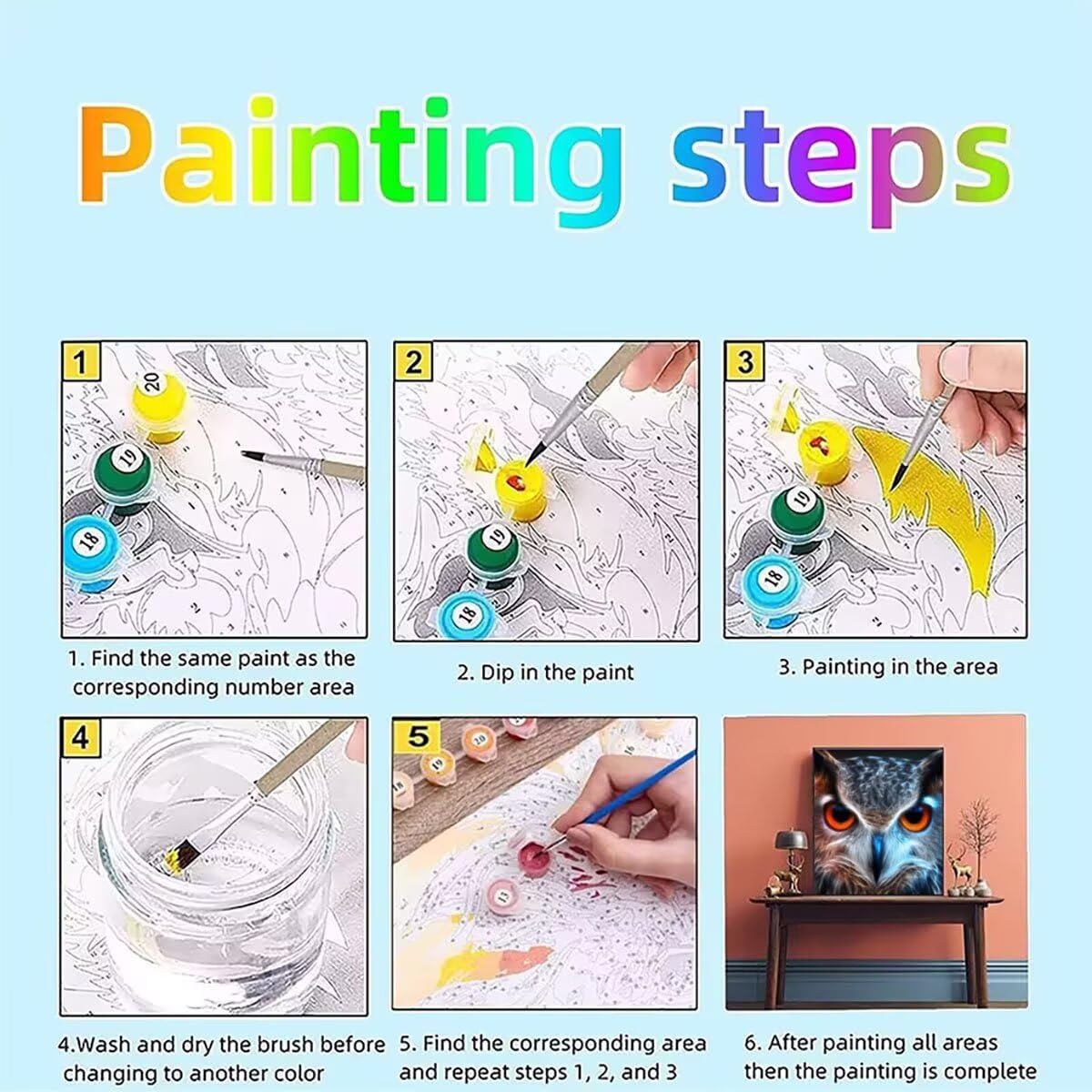 Dipingere con i Numeri Bambini Gufo Animale Kit fai da Te 36 Acrilici e 3 Pennelli per Principianti Dipingere con i Numeri, Hobby Creativi Adulti, Decora la casa Signora Regalo 80x110 cm SYLWK720
